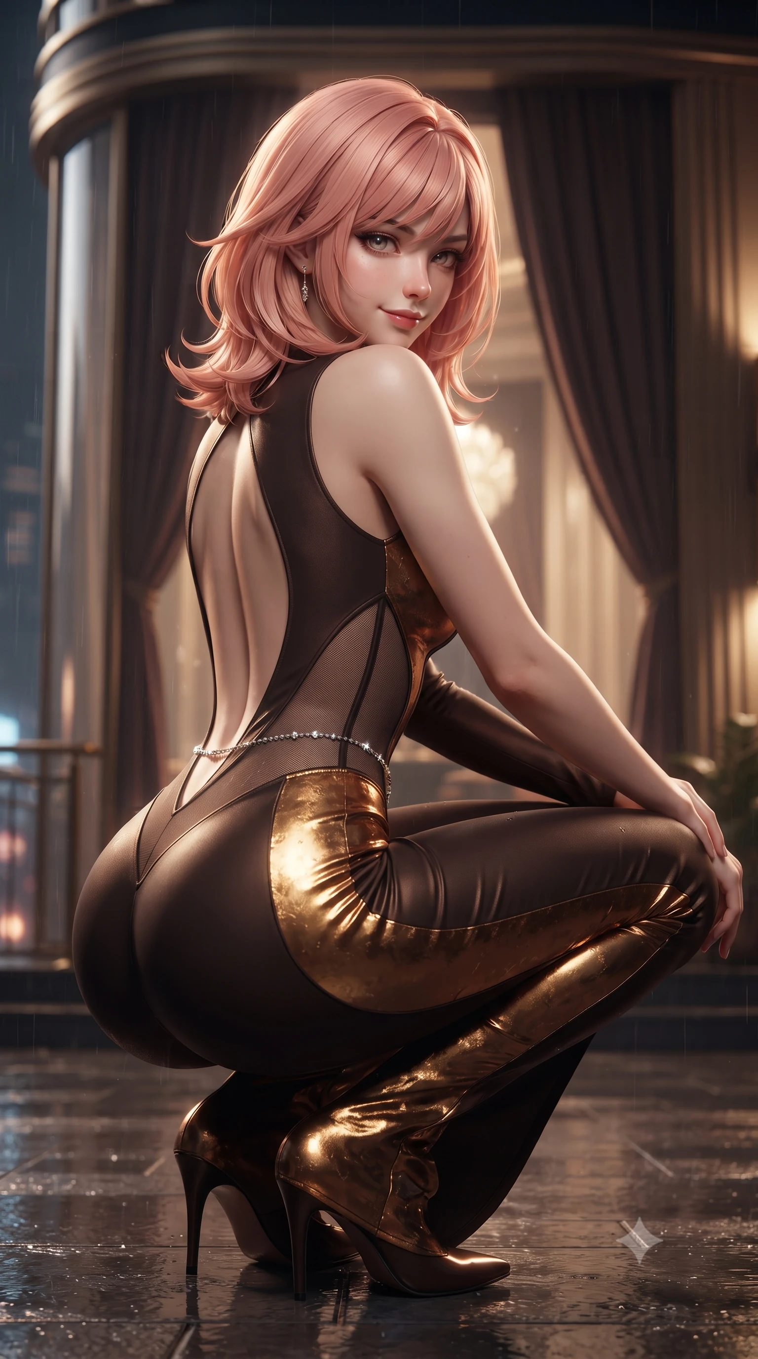 score_9, masterpiece, best quality, ultra-detailed, high-budget anime keyframe, editorial fashion photography, tasteful artistic composition, Japanese woman. close-up cowboy shot from the waist and thighs up, the character dominates the composition, filling the frame with her large presence. turning over a bare shoulder with an intoxicating, teasing smile, her soft hair framing her sharp jawline as her hips angle gracefully while crouching gracefully on the rain-slicked balcony deck, glancing back with smoldering bedroom-eyes as neon reflections wash over her dress. The composition keeps background elements in soft focus with creamy bokeh. curved art deco glass windows and heavy velvet drapes softened in glamorous cinematic shallow focus. She has an exceptionally elegant, slender, and willowy female figure with an ultra-slim waist, flat toned midriff, narrow ribcage, and sculpted feminine hips creating an alluring, slim hourglass silhouette without bulk. sharp v-shaped jawline, high-bridge nose, intricate jewel-like eyes with depth, thick eyelashes, glossy parted lips with a natural sheen, intensely captivating and seductive bedroom-eyes expression, flawlessly proportioned anatomical accuracy, strict slender model proportions, natural body alignment, perfectly sculpted long slender limbs, ultra-slim waistline, clean dynamic posture without body distortion. wearing a second-skin compression catsuit with an open back and sheer mesh side waist contouring in dark espresso brown and molten gold foil, made of fluid silk crepe with delicate inner corsetry boning, accented with a dainty diamond waist chain catching the ambient light reflections, the dramatically scooped open back descending to the base of her spine, accentuating her razor-sharp statuesque lines and slim hourglass silhouette. illuminated by wet specular bounce lights sharply sculpting her narrow waist, bare spine, and curvy hips. ultra-reflective glossy finish, specular highlights, rich textural contrasts, high-contrast stereoscopic depth, volumetric dynamic lighting, 2k, ultra detail, master piece, 9:16 ratio