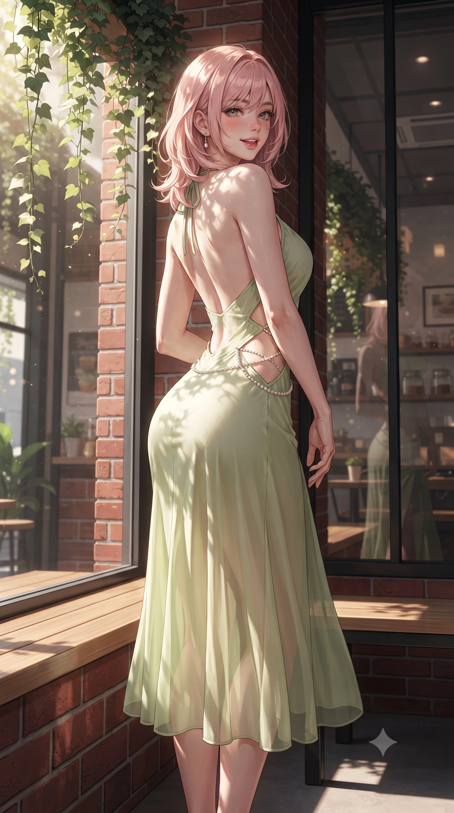 score_9, masterpiece, best quality, ultra-detailed, high-budget anime keyframe, editorial fashion photography, tasteful artistic composition, Japanese woman. low angle full-body shot from head to toe showing her feet, filling the entire 9:16 vertical frame with her statuesque presence, stretching her vertical silhouette. posing with back turned slightly to the lens, glancing back with an enchanting, playful smile as she arches her lower back to emphasize her sculpted feminine hips and slender waist while standing poised beside the sun-drenched floor-to-ceiling glass window, twisting her slender torso in an alluring S-curve as warm morning sunlight filters through hanging ivy. The surrounding environment is rendered in vivid detail and crisp panoramic clarity. sharp red-brick masonry textures, clean glass cafe window reflections, and oak bench wood grain in deep focus. She has an exceptionally tall and slender model-like 8.5-heads proportion, an ultra-slim waist, a flat toned midriff, narrow delicate ribcage, and beautifully sculpted feminine hips creating a graceful, slim hourglass silhouette without any bulky heaviness, with impossibly long slender legs. sharp v-shaped jawline, high-bridge nose, intricate jewel-like sparkling eyes with depth, thick eyelashes, glossy parted lips with a natural peach sheen, bright cheerful beaming smile with an enchanting and coquettish sensual glint, exuding both youthful cute charm and seductive allure, flawlessly proportioned anatomical accuracy, strict slender model proportions, natural body alignment, perfectly sculpted long slender limbs, ultra-slim waistline, clean dynamic posture without body distortion. wearing a backless pastel halter sundress with side-waist diamond cutouts and an ultra-fitted hip-hugging silhouette in matcha green and warm ivory, tailored from fine lightweight chiffon that flutters gently in the breeze, accented with a dainty pearl waist chain catching the ambient sunlight, the precision-cut side openings and low-back scoop framing her graceful spine and the sensual sweep of her slim, toned hips. illuminated by sun-dappled foliage highlights sharply carving her razor-sharp jawline, narrow waist, and curvy hips. ultra-reflective glossy finish, specular highlights, rich textural contrasts, high-contrast stereoscopic depth, volumetric dynamic lighting, 2k, ultra detail, master piece, 9:16 ratio