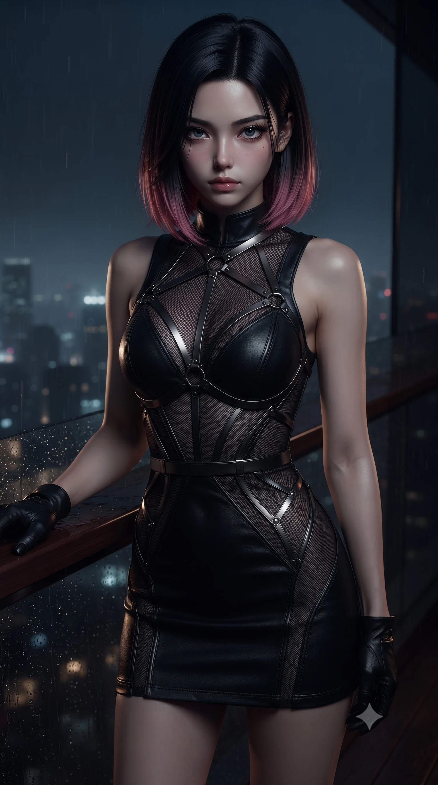score_9, masterpiece, best quality, ultra-detailed, high-budget anime keyframe, editorial fashion photography, tasteful artistic composition, Korean woman. close-up cowboy shot from the waist and thighs up, the character dominates the composition, filling the frame with her large presence, background elements kept in soft focus. Casting a slow, direct gaze beneath heavy lashes with quiet intensity, gazing out over misty night city lights from a secluded pitch-dark penthouse terrace, rain streak reflections dancing on dark mahogany and glass surfaces. She has an exceptionally elegant, slender, and willowy female figure with an ultra-slim waist, a gracefully sculpted slender torso, and a refined silhouette. sharp v-shaped jawline, high-bridge nose, intricate jewel-like eyes with depth, thick eyelashes, glossy lips with a natural sheen. wearing architectural cut-out dark leather mini dress with sculpted metallic boning in pitch-black onyx, made of fine dark contouring mesh, highlighted by a gunmetal metallic harness structure, the fitted fabric emphasizing her ultra-slim waist. surrounded by a moody nocturnal ambiance with subtle warm rim highlights. ultra-reflective glossy finish, specular highlights, metallic sheen, high-contrast stereoscopic depth, volumetric dynamic lighting, 2k, ultra detail, master piece, 9:16 ratio
