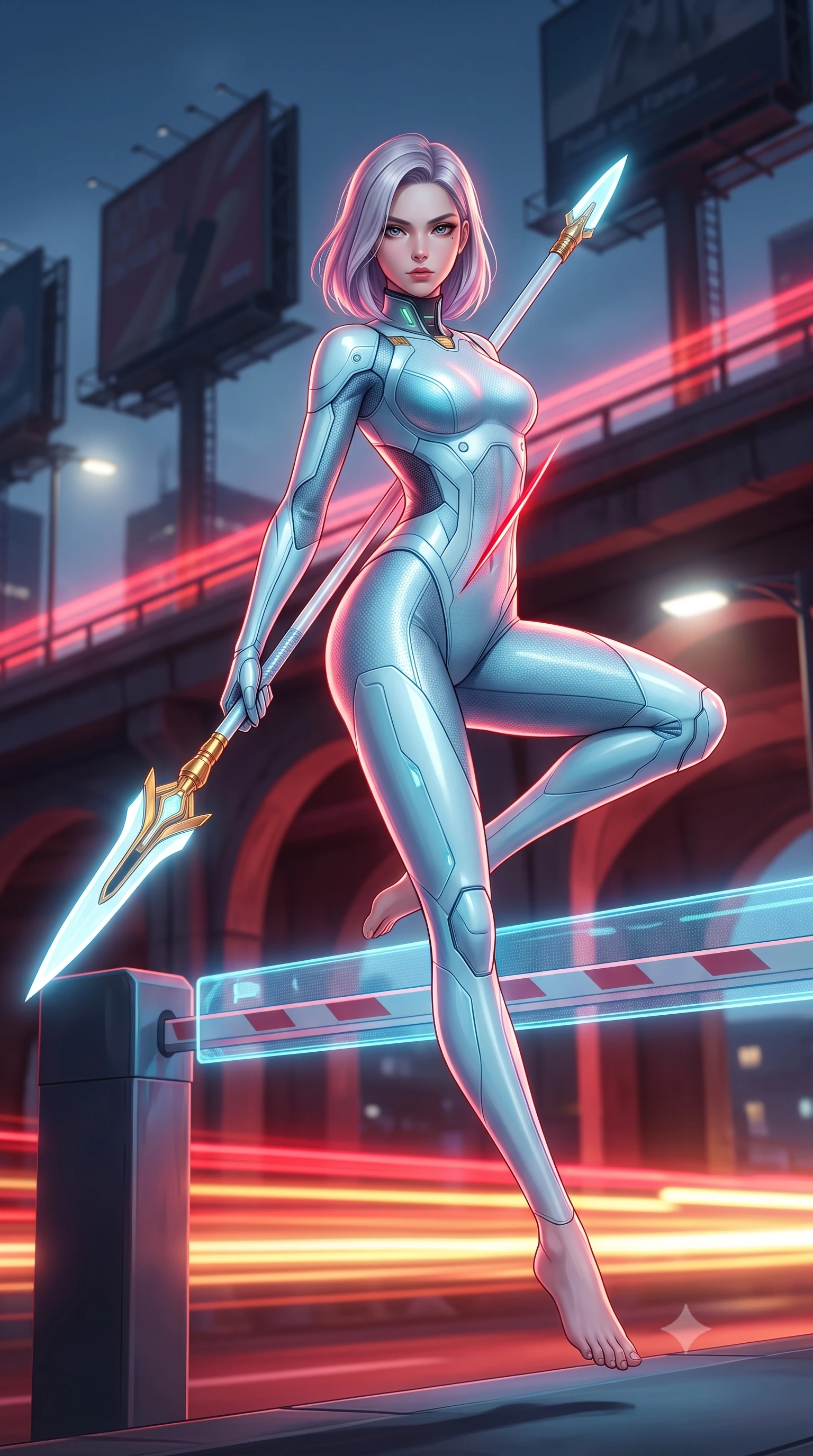 score_9, masterpiece, best quality, ultra-detailed, high-budget anime keyframe, semi-realistic 3D game render, editorial fashion photography, tasteful artistic composition, Caucasian woman. low angle full-body shot from head to toe showing her feet, filling the entire 9:16 vertical frame with her statuesque presence, stretching her vertical silhouette. performing an alluring mid-air combat landing with flawless poise, looking directly into the camera with regal, deadly intensity while arching her spine in a fluid vault over a holographic toll barrier as crimson blade light traces her athletic torso. The composition keeps background elements in soft focus with creamy bokeh. expressway overpass arches and towering billboard scaffoldings softened in moody shallow depth of field. She has an absolutely perfect, statuesque 8.5-heads proportion, an exceptionally tall and slender model-like female figure with impossibly long slender legs, a toned flat midriff, and an ultra-slim waist. sharp v-shaped jawline, high-bridge nose, intricate jewel-like eyes with depth, thick eyelashes, glossy lips with a natural sheen, flawlessly proportioned anatomical accuracy, strict slender model proportions, natural body alignment, perfectly sculpted long slender limbs, ultra-slim waistline, clean dynamic posture without body distortion. wearing an ultra-sleek glacial-cyan and white carbon-mesh combat bodysuit with frost-resistant plating, holding a glowing high-frequency cryo-energy spear with commanding poise in arctic white carbon composite with radiant solar gold plating, crafted from ultra-strong woven carbon-fiber composite with a satin luster, featuring a sleek aerodynamic collar framed by subtle glowing cybernetic status LEDs, the liquid-tight tailored fabric emphasizing every curve of her tall, slender model proportions and sculptured silhouette during dynamic movement. bathed in blazing neon crimson and golden traffic trail backlighting with crisp streetlamp fill. rich saturated anime colors with glowing neon highlights, detailed shading with soft gradients, rich glossy textures, high-contrast stereoscopic depth, volumetric dynamic lighting, master piece, 9:16 ratio