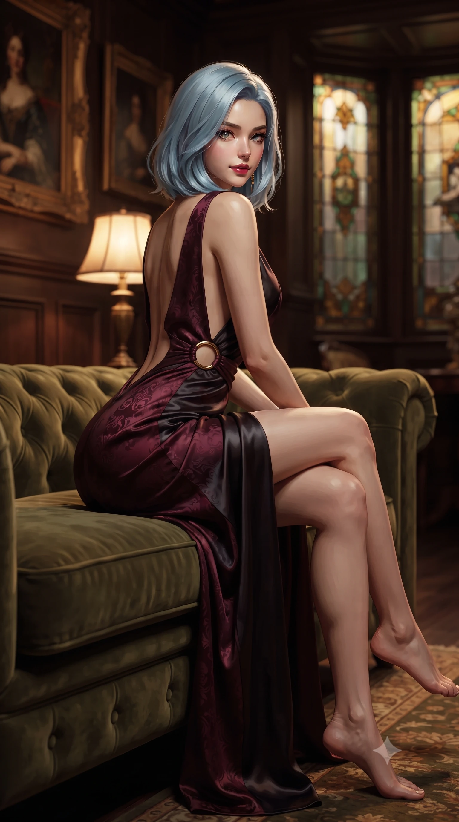 score_9, masterpiece, best quality, ultra-detailed, high-budget anime keyframe, editorial fashion photography, tasteful artistic composition, Korean woman. low angle full-body shot from head to toe showing her feet, filling the entire 9:16 vertical frame with her statuesque presence, stretching her vertical silhouette. posing with back turned slightly to the lens, glancing back with an intoxicating, dangerous smile as she arches her lower back to emphasize her sculpted feminine hips and slender waist while reclining back into a deep olive-green tufted Chesterfield sofa with one knee crossed over the other, arching her back with aristocratic poise. The composition keeps background elements in soft focus with dreamy creamy bokeh. dark wood wainscoting panels, oil paintings in heavy gilded frames, and stained-glass bay windows blurred into rich bronze, emerald, and amber bokeh. She has an exceptionally tall and slender model-like 8.5-heads proportion, an ultra-slim waist, a flat toned midriff, narrow delicate ribcage, and beautifully sculpted feminine hips creating a graceful, slim hourglass silhouette without any bulky heaviness, with impossibly long slender legs. sharp v-shaped jawline, high-bridge nose, intricate jewel-like dark sparkling eyes with dangerous depth, thick curled eyelashes, glossy parted lips with a rich wine sheen, smoldering seductive half-smile with bedroom-eyes, exuding effortless superiority and intoxicating dark allure, flawlessly proportioned anatomical accuracy, strict slender model proportions, natural body alignment, perfectly sculpted long slender limbs, ultra-slim waistline, clean dynamic posture without body distortion. wearing a deep plunging-V silk jersey evening gown with an open back scoop and waist-cinching gold ring in deep wine burgundy and lustrous obsidian, tailored from rich silk jacquard with subtle embossed baroque patterns, accented with sculptural chrome hardware rings framing the subtle cutouts, the form-fitting cut adhering flawlessly to her sculpted flat midriff and slender torso, emphasizing her long leg lines and perfectly proportioned willowy build. bathed in soft warm table lamp ambient fill and deep atmospheric shadow tones. ultra-reflective glossy finish, specular highlights, rich textural contrasts, high-contrast stereoscopic depth, volumetric dynamic lighting, 2k, ultra detail, master piece, 9:16 ratio