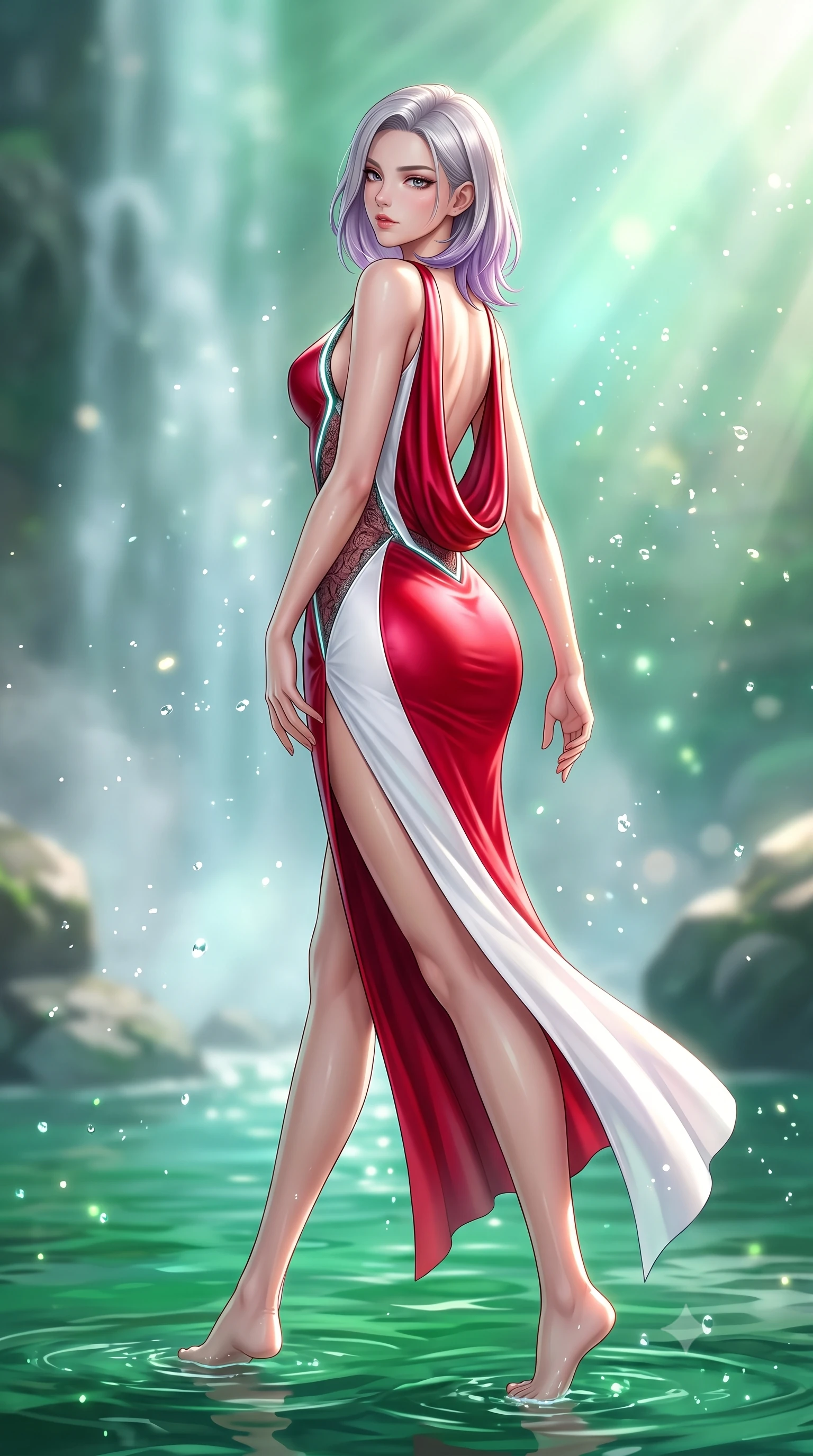 score_9, masterpiece, best quality, ultra-detailed, high-budget anime keyframe, semi-realistic 3D game render, editorial fashion photography, tasteful artistic composition, Caucasian woman. low angle full-body shot from head to toe showing her feet, filling the entire 9:16 vertical frame with her statuesque presence, stretching her vertical silhouette. arching her back in a fluid zero-gravity turn with sovereign grace, her long slender legs and sculpted torso creating a sweeping line while stepping gracefully through shallow emerald water with an alluring, confident backward glance. The composition keeps background elements in soft focus with creamy bokeh. sparkling water droplets scattering bright morning sun motes across a serene backdrop. She has an absolutely perfect, statuesque 8.5-heads proportion, an exceptionally tall and slender model-like female figure with impossibly long slender legs, a toned flat midriff, and an ultra-slim waist. sharp v-shaped jawline, high-bridge nose, intricate jewel-like eyes with depth, thick eyelashes, glossy lips with a natural sheen, flawlessly proportioned anatomical accuracy, strict slender model proportions, natural body alignment, perfectly sculpted long slender limbs, ultra-slim waistline, clean dynamic posture without body distortion. wearing a precision-fitted liquid jersey bodycon dress with a dramatic draped cowl back that swoops down to her waist and a high side slit in radiant crimson silk and crisp snow white, crafted from delicate dark lace interwoven with luminescent micro-fibers, featuring a dangerously unzipped neckline framed by glowing cybernetic accents, the glove-like aerodynamic second-skin fit tightly clinging to her ultra-slender waist and athletic curves without adding bulk, accentuating her razor-sharp statuesque lines and slim hourglass silhouette. bathed in bright morning sunbeams penetrating waterfall mist with radiant green and cyan ambient glow. highly saturated vibrant anime colors, detailed shading with soft gradients, rich glossy textures, high-contrast stereoscopic depth, volumetric dynamic lighting, master piece, 9:16 ratio