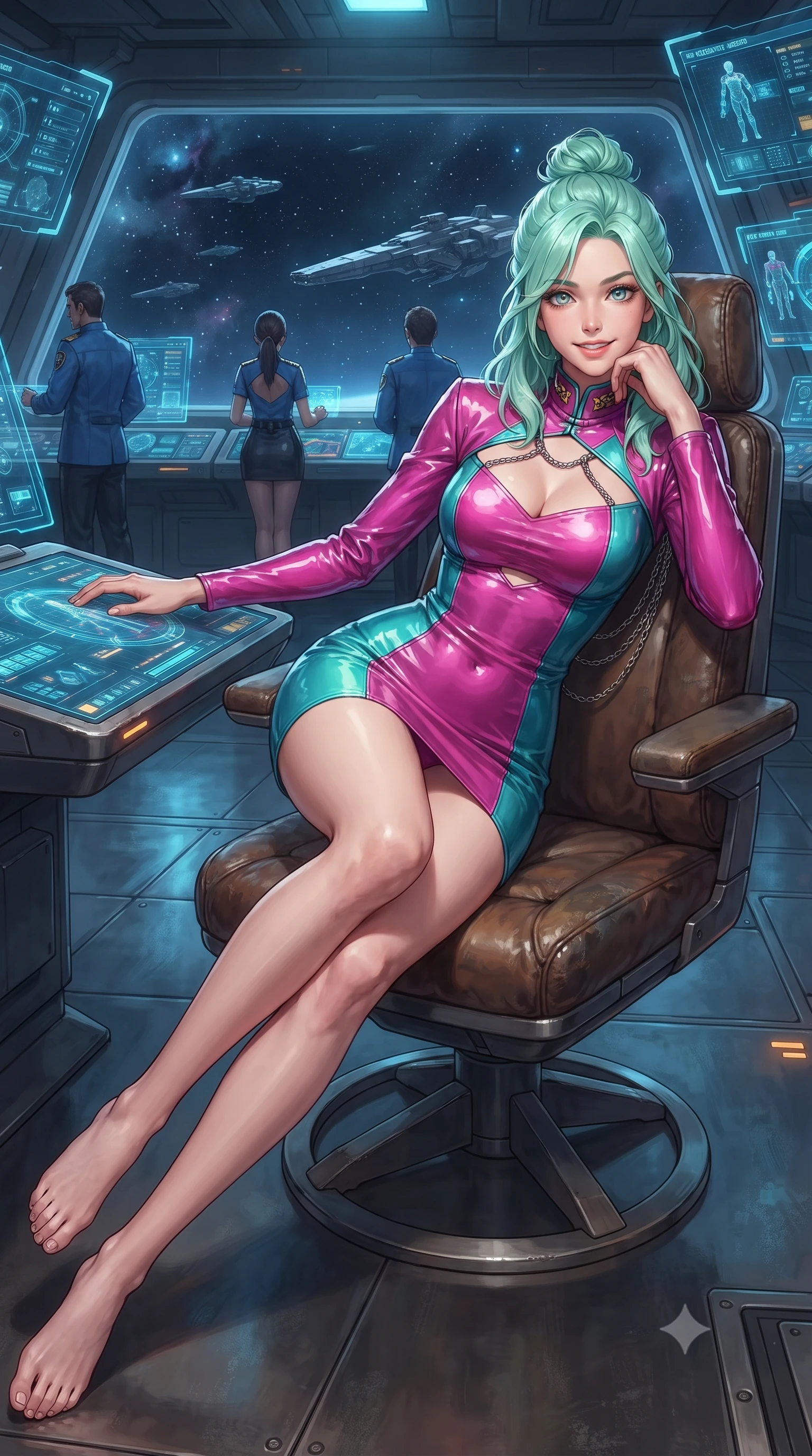 score_9, masterpiece, best quality, ultra-detailed, high-budget anime keyframe, editorial fashion photography, tasteful artistic composition, Japanese woman. close-up cowboy shot from the waist and thighs up, the character dominates the composition, filling the frame with her large presence. resting one elbow on the table and supporting her chin, leaning close to the camera with heavy-lidded sparkling eyes and parted lips while lounging gracefully across the ergonomic leather command chair propped on one elbow with legs extended, displaying her long slender limbs and statuesque hourglass silhouette against the cosmic fleet. The surrounding environment is rendered in vivid detail and crisp panoramic clarity: detailed tactical officer tailoring, metallic insignia embroidery, and colossal orbital warship architecture in razor-sharp precision. She has an exceptionally elegant, slender, and willowy female figure with an ultra-slim waist, flat toned midriff, narrow ribcage, and sculpted feminine hips creating an alluring, slim hourglass silhouette without bulk. sharp v-shaped jawline, high-bridge nose, intricate jewel-like sparkling eyes with depth, thick eyelashes, glossy parted lips with a natural peach sheen, bright cheerful beaming smile with an enchanting and coquettish sensual glint, exuding both youthful cute charm and seductive allure, flawlessly proportioned anatomical accuracy, strict slender model proportions, natural body alignment, perfectly sculpted long slender limbs, ultra-slim waistline, clean dynamic posture without body distortion. wearing a dense bandage-knit tactical officer dress with subtle geometric chest accents contouring her delicate ribcage and feminine hips in Kowloon neon magenta and electric teal, tailored from high-gloss patent leather with mirror-like specular highlights, accented with an open-back drape framed by falling strands of delicate chrome chains, the impeccably tailored cut draping gracefully along her slender figure with aristocratic poise. bathed in the cool high-contrast cobalt-and-cyan glow of holographic tactical displays mixed with warm 2800K console edge lights. ultra-reflective glossy finish, specular highlights, rich textural contrasts, high-contrast stereoscopic depth, volumetric dynamic lighting, 2k, ultra detail, master piece, 9:16 ratio