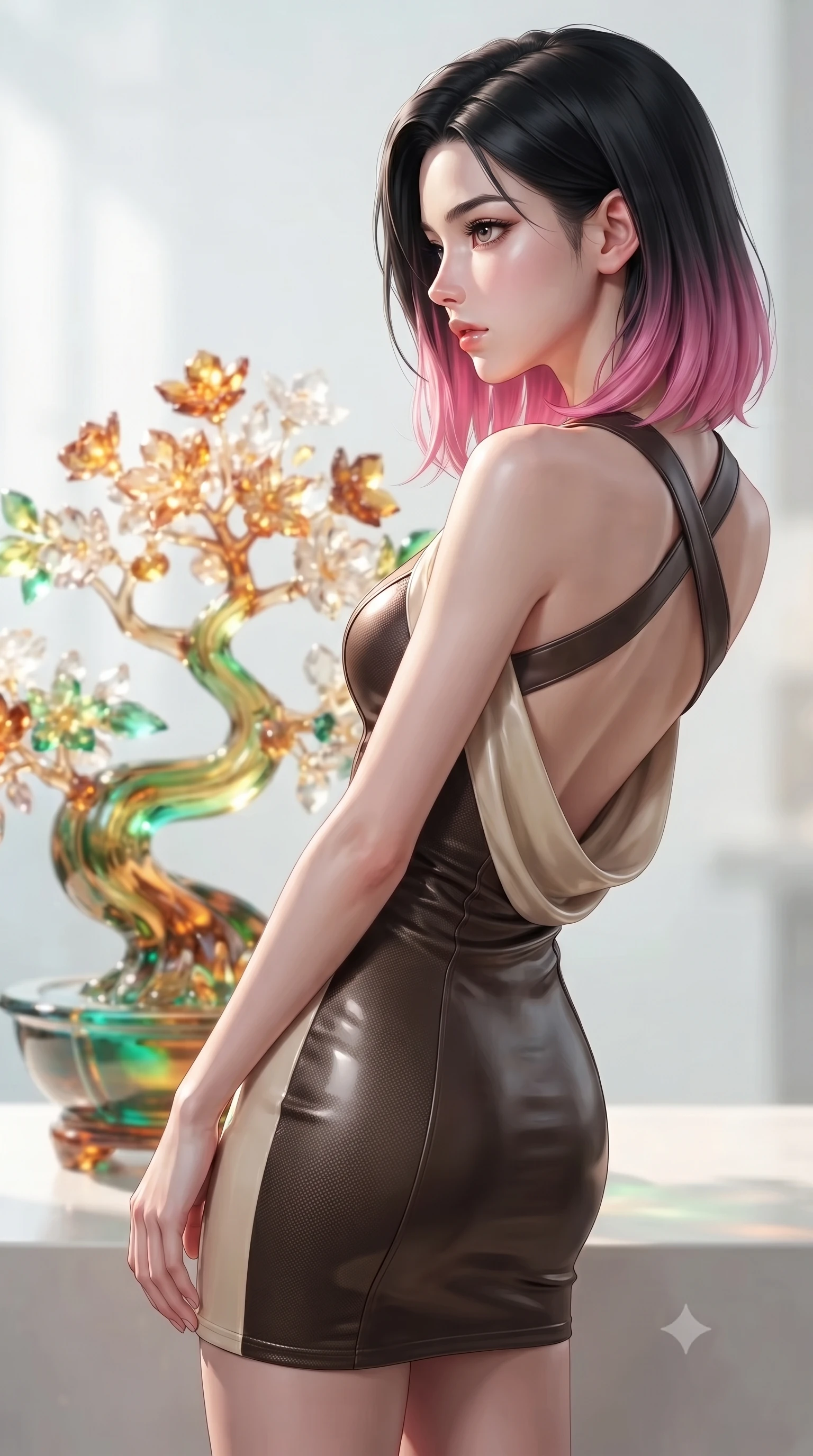 score_9, masterpiece, best quality, ultra-detailed, high-budget anime keyframe, editorial fashion photography, tasteful artistic composition, Korean woman. close-up cowboy shot from the waist and thighs up, the character dominates the composition, filling the frame with her large presence, background elements kept in soft focus. Turning her face in sharp profile while her upper body leans forward with poised athletic grace while pivoting dynamically near a solar-powered crystal blossom emitting warm ambient sunbursts, translucent glass bonsai leaves reflecting vibrant emerald and gold sunbursts. She has an exceptionally elegant, slender, and willowy female figure with an ultra-slim waist, a gracefully sculpted slender torso, and a refined silhouette. sharp v-shaped jawline, high-bridge nose, intricate jewel-like eyes with depth, thick eyelashes, glossy lips with a natural sheen, flawlessly proportioned anatomical accuracy, natural body alignment, perfectly sculpted elegant limbs, clean dynamic posture without body distortion. wearing a precision-fitted liquid jersey bodycon dress with a graceful draped back in espresso brown and warm cream, made of fine carbon-fiber weave and soft matte leather, complemented by criss-cross back straps highlighting her bare shoulders, the form-contouring material highlighting her ultra-slim waist and long lines. surrounded by a bright, airy ambiance with radiant white and green highlights. ultra-reflective glossy finish, specular highlights, metallic sheen, high-contrast stereoscopic depth, volumetric dynamic lighting, 2k, ultra detail, master piece, 9:16 ratio