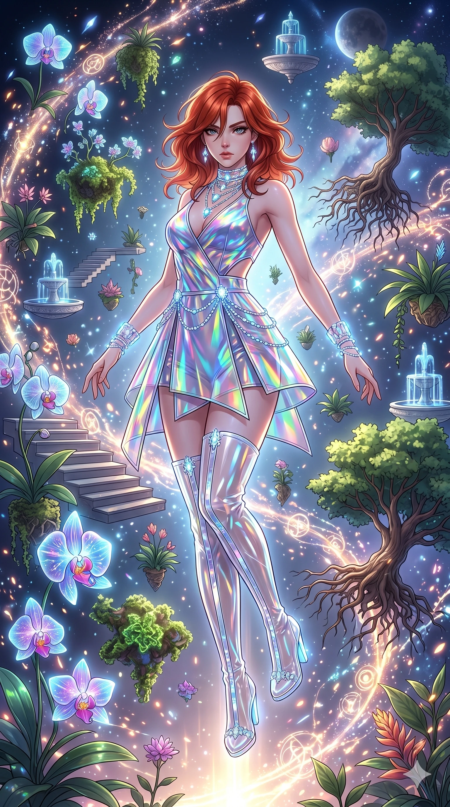 score_9, masterpiece, best quality, ultra-detailed, Set A: High-budget Anime Keyframe, Japanese woman. Low angle cowboy shot filling the entire 9:16 frame with her statuesque presence. Floating through a floating botanical garden, as gravity fails and everything around her floats in state 216 and surrounded by glowing energy sparks. She has an absolutely perfect 8-heads proportion, an exceptionally tall and slender female figure with impossibly long slender legs and an ultra-slim waist. Sharp v-shaped jawline, high-bridge nose, intricate jewel-like eyes with depth, thick eyelashes, glossy lips with a natural sheen. Wearing Holographic vinyl mini-dress with transparent PVC boots and glowing jewelry. Cinematic lighting, vibrant colors, dramatic shadows, 2k, ultra detail, master piece, 9:16 ratio