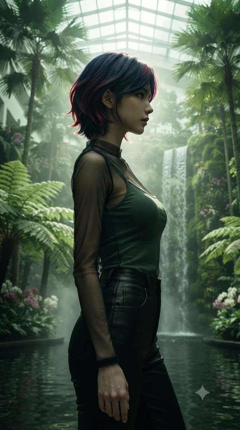score_9, masterpiece, best quality, ultra-detailed, high-budget anime keyframe, editorial fashion photography, tasteful artistic composition, Korean woman. close-up cowboy shot from the waist and thighs up, the character dominates the composition, filling the frame with her large presence, background elements kept in soft focus. Turning her face in sharp dramatic profile against the light. set against a soft-focus background of a luxury hotel's soaring six-story glass atrium filled with towering tropical palms massive ferns rare orchid collections and a grand waterfall cascading down a living moss wall into a reflection pool. She has an exceptionally elegant and slender, willowy female figure with an ultra-slim waist, a gracefully sculpted slender torso, and a refined slim physique. sharp v-shaped jawline, high-bridge nose, intricate jewel-like eyes with depth, thick eyelashes, glossy lips with a natural sheen. wearing a transparent black mesh top over a fitted dark green tank top, paired with high-waisted leather trousers. abundant natural light flooding through the glass atrium roof filtered through tropical canopy creating green-tinted dappled illumination with mist from the waterfall softening everything. 2k, ultra detail, master piece, 9:16 ratio