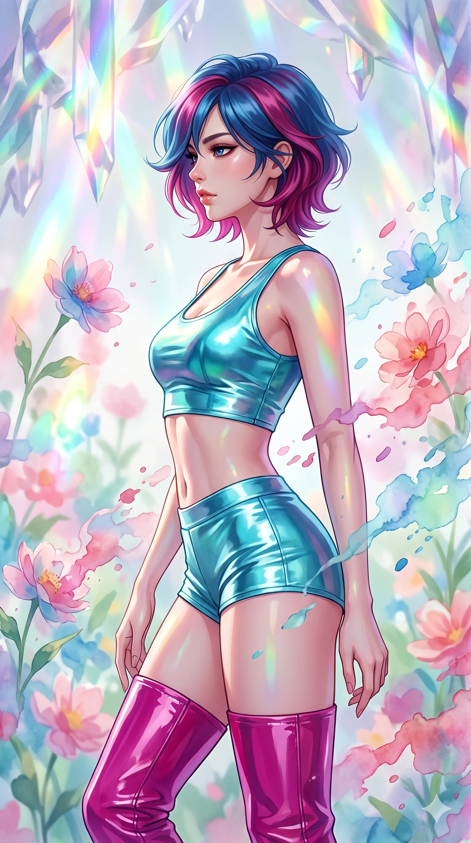 score_9, masterpiece, best quality, ultra-detailed, high-budget anime keyframe, editorial fashion photography, tasteful artistic composition, Korean woman. close-up cowboy shot from the waist and thighs up, the character dominates the composition, filling the frame with her large presence, background elements kept in soft focus. Turning her face in sharp dramatic profile against the light. set against a soft-focus background of a dreamlike garden where watercolor paint flows in real-time through the air, flowers dissolving into liquid pigment strokes that drift and bloom in pastel washes of rose, cerulean, and mint. She has an exceptionally elegant and slender, willowy female figure with an ultra-slim waist, a gracefully sculpted slender torso, and a refined slim physique. sharp v-shaped jawline, high-bridge nose, intricate jewel-like eyes with depth, thick eyelashes, glossy lips with a natural sheen. wearing a metallic turquoise crop top with matching micro-shorts and thigh-high patent leather boots in a vibrant magenta. cascading rainbow prismatic light refracting through crystal formations overhead. 2k, ultra detail, master piece, 9:16 ratio