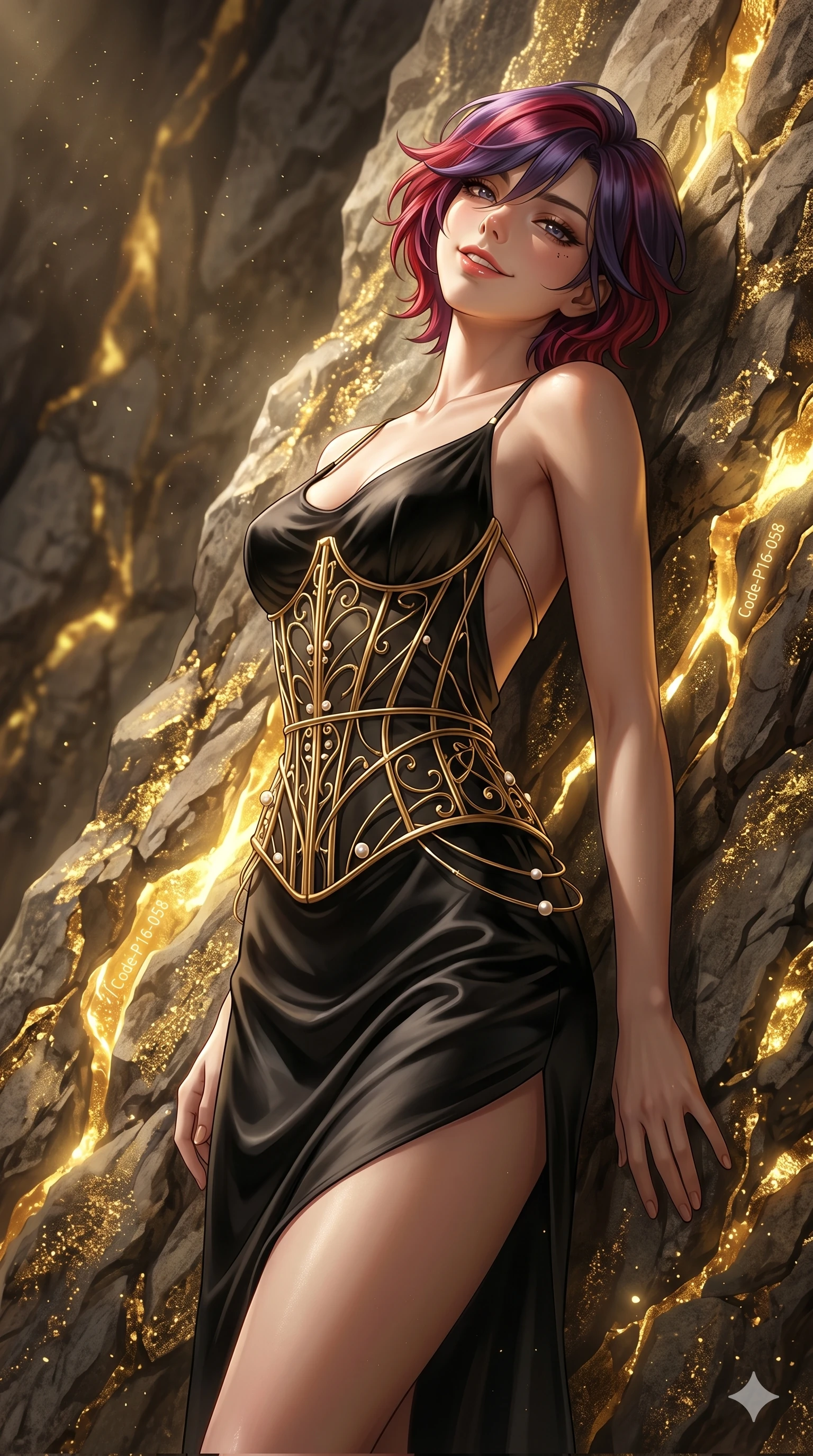 score_9, masterpiece, best quality, ultra-detailed, high-budget anime keyframe, editorial fashion photography, tasteful artistic composition, Korean woman. cowboy shot from the thighs up, character and outfit filling the frame for maximum editorial presence. leaning back against the rock face, tilting her head back with a playful, teasing smile in a secret cavern filled with glowing golden mineral veins (Code-P16-058). She has an absolutely perfect 8-heads proportion, an exceptionally tall and slender female figure with impossibly long slender legs and an ultra-slim waist. V-shaped jawline, high-bridge nose, intricate jewel-like eyes with depth, thick eyelashes, glossy lips with a natural sheen. wearing a structured gold wire corset over a black silk slip dress with a scooped open back. golden light emanating from the mineral veins, creating a dramatic chiaroscuro effect. 2k, ultra detail, master piece, 9:16 ratio