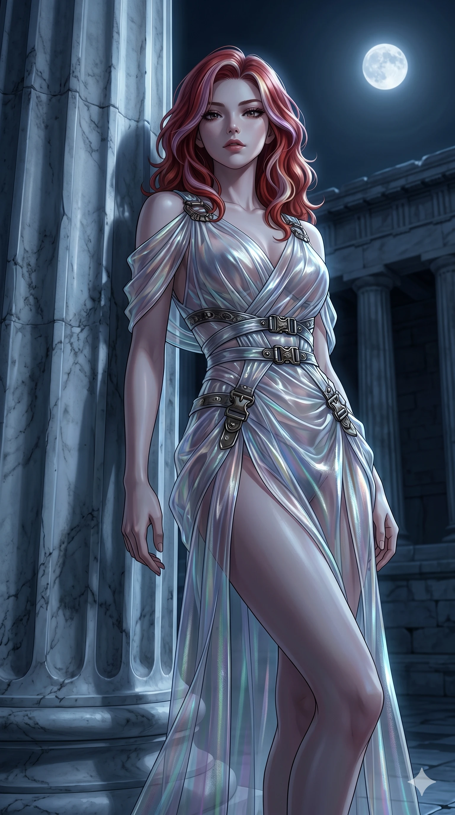 score_9, masterpiece, best quality, ultra-detailed, High-budget Anime Keyframe, East Asian woman. Low angle cowboy shot filling the entire 9:16 frame with her statuesque presence. Scenario 113: Leaning against a cold marble pillar in a moonlit greek temple. Her presence is magnetic and overpowering in this high-budget anime scene. Outfit 113: A translucent organza liquid with a elegant high-fashion silhouette and metallic buckles. The clothing is designed to emphasize her exceptionally tall and slender 8-heads proportion. 8-heads proportion, towering silhouette, ultra-slim waist. sharp v-shaped jawline, intricate jewel-like eyes with depth, thick eyelashes, glossy lips. 2k, ultra detail, master piece, 9:16 ratio