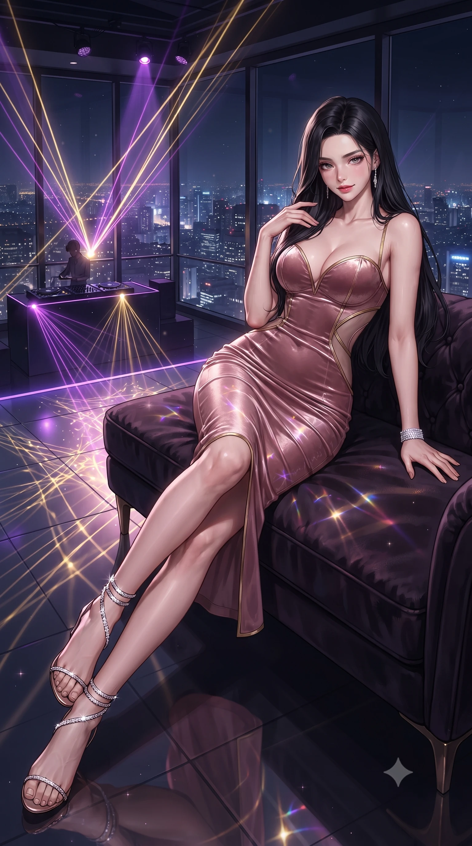 score_9, masterpiece, best quality, ultra-detailed, high-budget anime keyframe, editorial fashion photography, tasteful artistic composition, Korean woman. low angle full-body shot from head to toe showing her feet, filling the entire 9:16 vertical frame with her statuesque presence, stretching her vertical silhouette. reclining gracefully across the plush chaise lounge with one leg extended, her sculpted silhouette and flat midriff radiating magnetic nocturnal glamour while twisting her slender torso in an alluring contrapposto stance as laser lights sweep across the open-air dance floor and her curvy hips. The surrounding environment is rendered in vivid detail and crisp panoramic clarity: detailed strappy bodycon dress texture, diamond bracelet glints, and modern penthouse venue architecture in razor-sharp precision. She has an absolutely perfect, statuesque 8.5-heads proportion, an exceptionally tall and slender model-like female figure with impossibly long slender legs, an ultra-slim waist, a flat toned midriff, narrow delicate ribcage, and beautifully sculpted feminine hips creating a graceful, slim hourglass silhouette without any bulky heaviness. sharp v-shaped jawline, high-bridge nose, sparkling eyes with hypnotic seductive depth, thick curled eyelashes, glossy parted lips with a natural dewy peach sheen, alluring bedroom-eyes with an enchanting coquettish smile, exuding magnetic siren charisma and sophisticated glamour, flawlessly proportioned anatomical accuracy, strict slender model proportions, natural body alignment, perfectly sculpted long slender limbs, ultra-slim waistline, clean dynamic posture without body distortion. wearing a deep sweetheart-neckline velvet bodycon dress with sheer side-torso cutouts accentuating her hourglass curves in dusky blush rose and antique gold trims, crafted from fluid liquid silk satin that clings smoothly to every curve with a dewy sheen, complemented by strappy stiletto sandals with crystal ankle wraps accentuating her slender calves, the glove-like clinging cut tightly following the natural contour of her hips and long slender legs with youthful 8.5-heads elegance. bathed in dynamic purple and gold nightclub spotlight sweeps paired with ambient skyline glow. ultra-reflective glossy finish, specular highlights, rich textural contrasts, high-contrast stereoscopic depth, volumetric dynamic lighting, 2k, ultra detail, master piece, 9:16 ratio