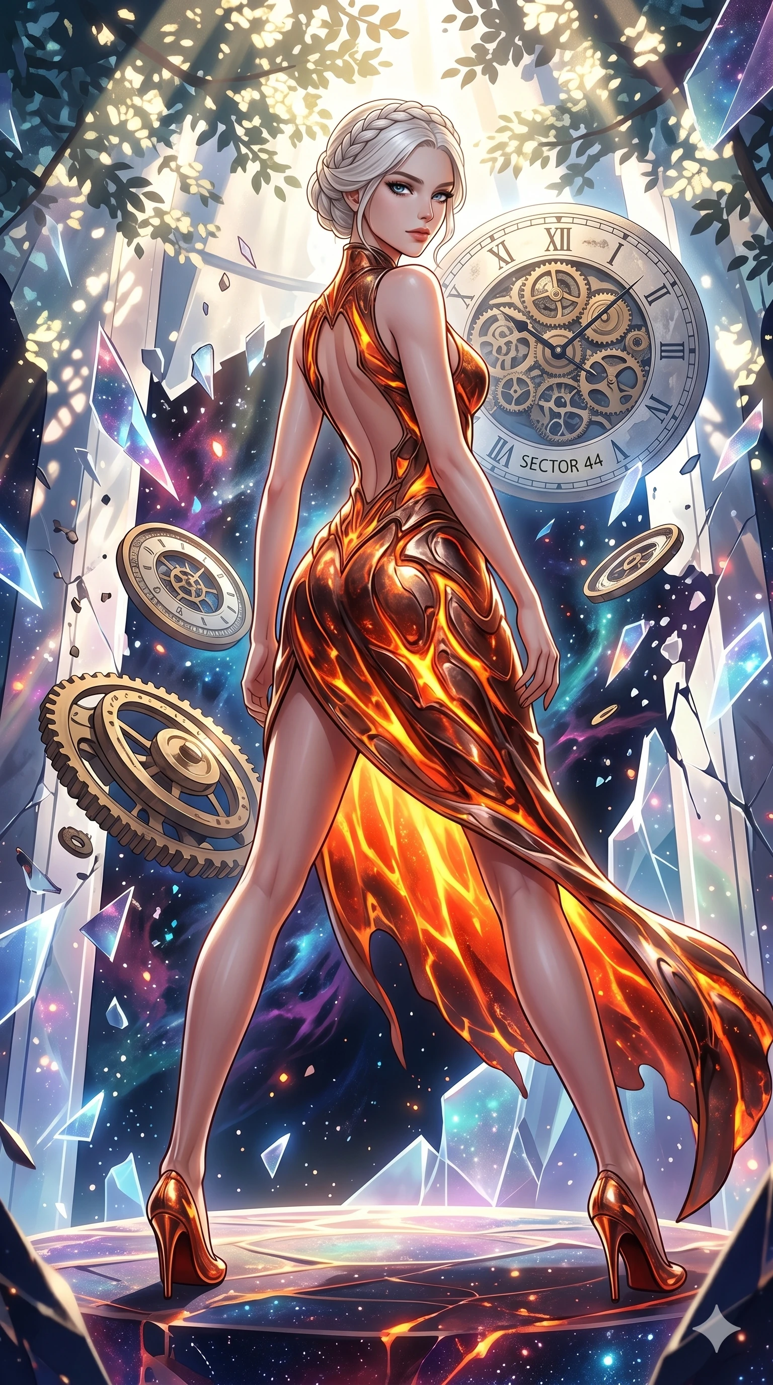 score_9, masterpiece, best quality, ultra-detailed, Set A: High-budget Anime Keyframe, Japanese woman. Low angle cowboy shot filling the entire 9:16 frame with her statuesque presence. Theme: Abstract Cosmic. shattering the fabric of reality in a temple made of solid light, with a massive clockwork moon ticking behind her as sector 44. The atmosphere is filled with cinematic sunlight through leaves. She has an absolutely perfect 8-heads proportion, an exceptionally tall and slender female figure with impossibly long slender legs and an ultra-slim waist. Sharp v-shaped jawline, high-bridge nose, intricate jewel-like eyes with depth, glossy lips. Wearing Lava-textured metallic dress that glows with an internal fire, featuring an open back. Cinematic lighting, vivid colors, dramatic shadows, 2k, ultra detail, master piece, 9:16 ratio