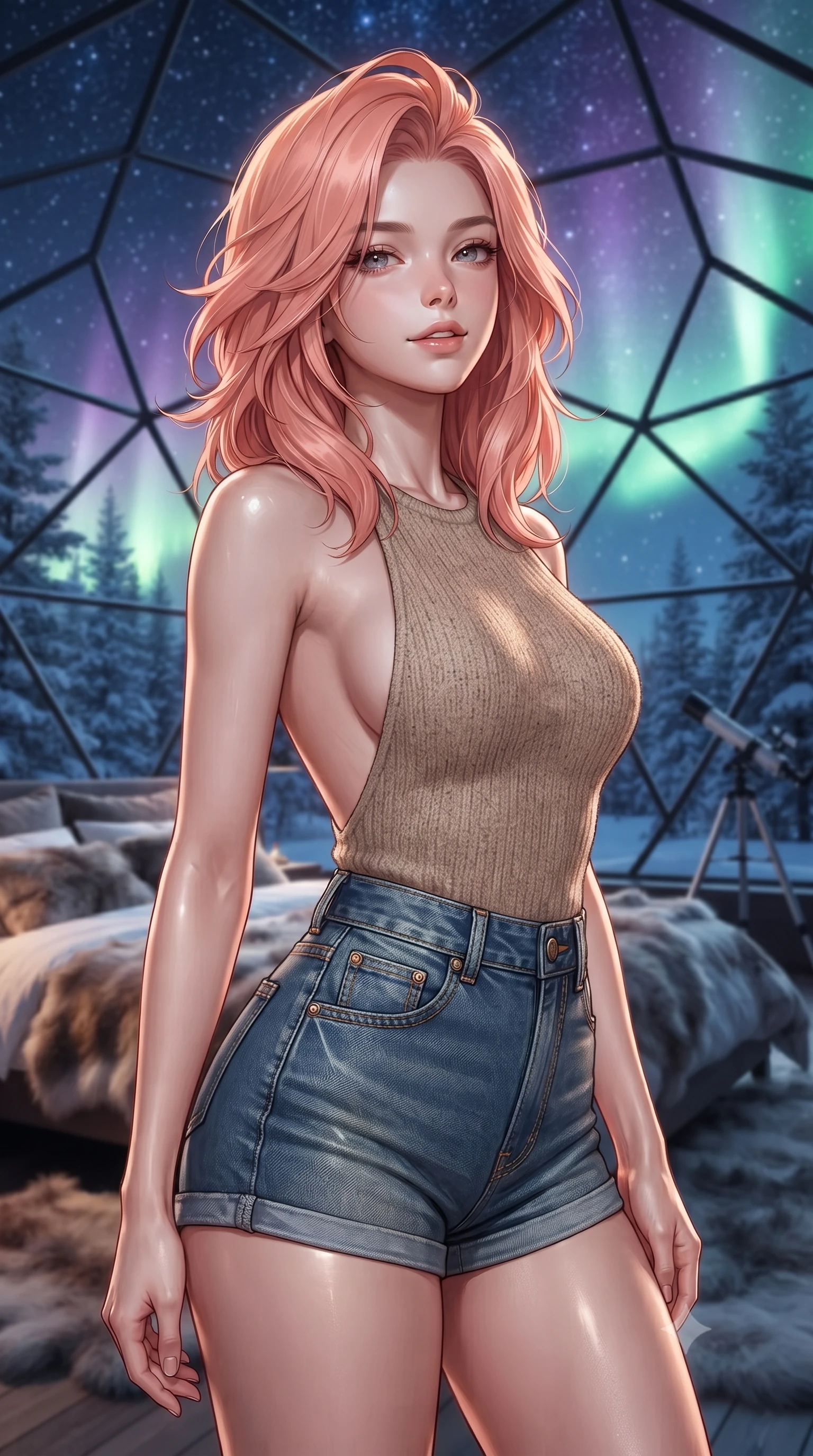 score_9, masterpiece, best quality, ultra-detailed, high-budget anime keyframe, editorial fashion photography, tasteful artistic composition, Japanese woman woman. close-up cowboy shot from the waist and thighs up, the character dominates the composition, filling the frame with her large presence, background elements kept in soft focus. tilting her chin up slightly with lips parted in a composed, provocative expression the background shows a soft-focus a geodesic glass dome bedroom in a snowy forest, looking at stars and aurora. She has an exceptionally elegant, slender, and willowy female figure with an ultra-slim waist, a gracefully sculpted slender torso, and a refined silhouette. sharp v-shaped jawline, high-bridge nose, intricate jewel-like eyes with depth, thick eyelashes, glossy lips with a natural sheen. wearing a form-contouring backless knit top in beige wool, paired with high-waisted denim shorts. soft green and violet aurora polaris curtains wrapping the room in celestial glow. ultra-reflective glossy finish, specular highlights, metallic sheen, high-contrast stereoscopic depth, volumetric dynamic lighting, 2k, ultra detail, master piece, 9:16 ratio
