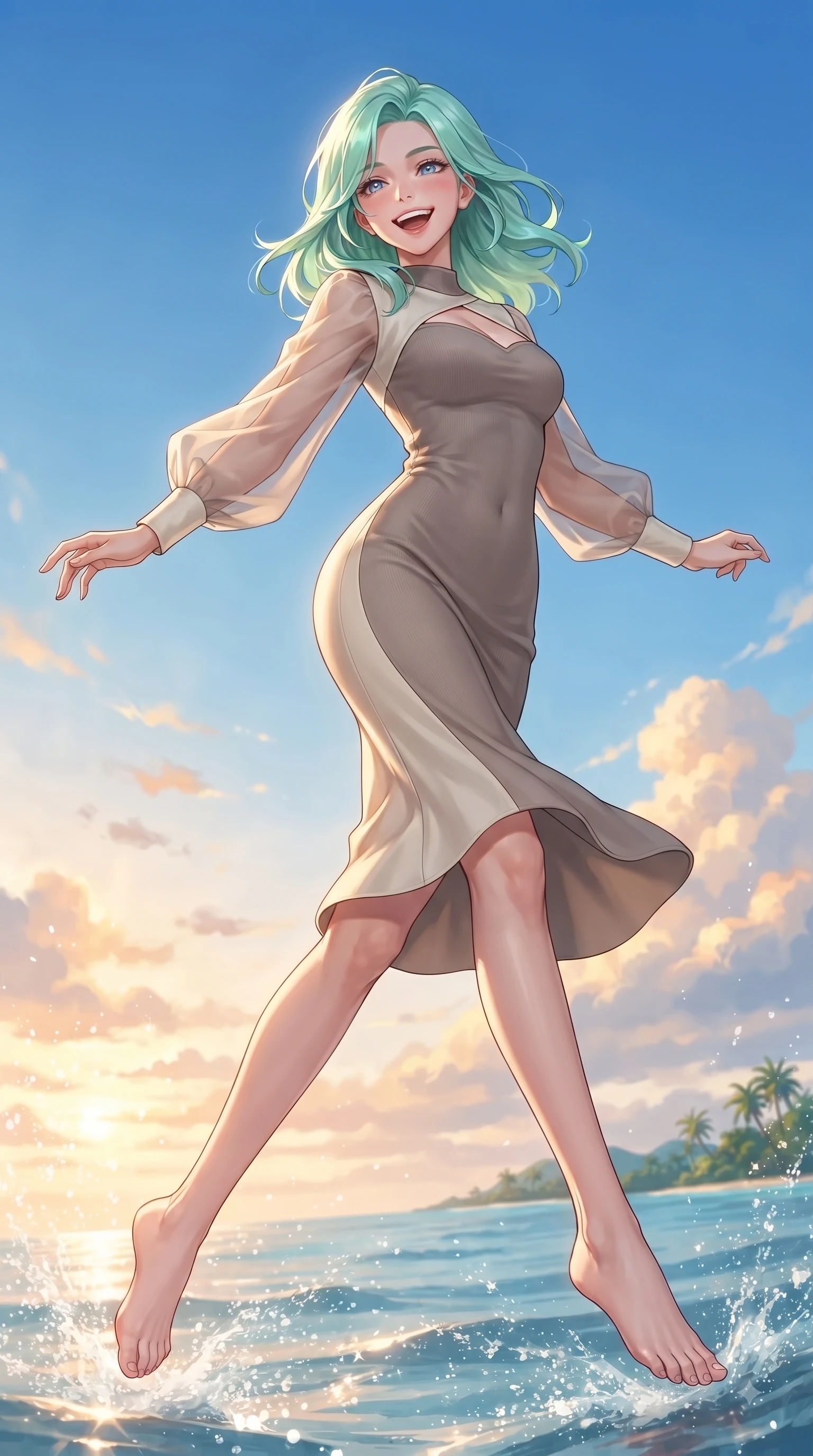 score_9, masterpiece, best quality, ultra-detailed, high-budget anime keyframe, editorial fashion photography, tasteful artistic composition, Japanese woman. low angle full-body shot from head to toe showing her feet, filling the entire 9:16 vertical frame with her statuesque presence, stretching her vertical silhouette. pivoting dynamically in zero-gravity with a delighted laughing expression, displaying her perfect model proportions while leaping with a radiant bright smile into the sparkling sea spray under a clear blue sky, warm tropical sea breeze fluttering lightweight linen garments in fluid joyful motions. She has an absolutely perfect, statuesque 8.5-heads proportion, an exceptionally tall and slender model-like female figure with impossibly long slender legs and an ultra-slim waist. sharp v-shaped jawline, high-bridge nose, intricate jewel-like eyes with depth, thick eyelashes, glossy lips with a natural sheen, flawlessly proportioned anatomical accuracy, natural body alignment, perfectly sculpted elegant limbs, clean dynamic posture without body distortion. wearing a sleek bodycon knit dress with strategic sheer organza sleeve panels in muted taupe and soft ivory, crafted from smooth liquid silk, accented with a Tasteful chest slit framing her clavicle gracefully, the elegant draped fit framing her graceful clavicle and slender torso. illuminated by a glorious golden hour sunburst painting the clouds in joyful peach and amber. ultra-reflective glossy finish, specular highlights, metallic sheen, high-contrast stereoscopic depth, volumetric dynamic lighting, 2k, ultra detail, master piece, 9:16 ratio