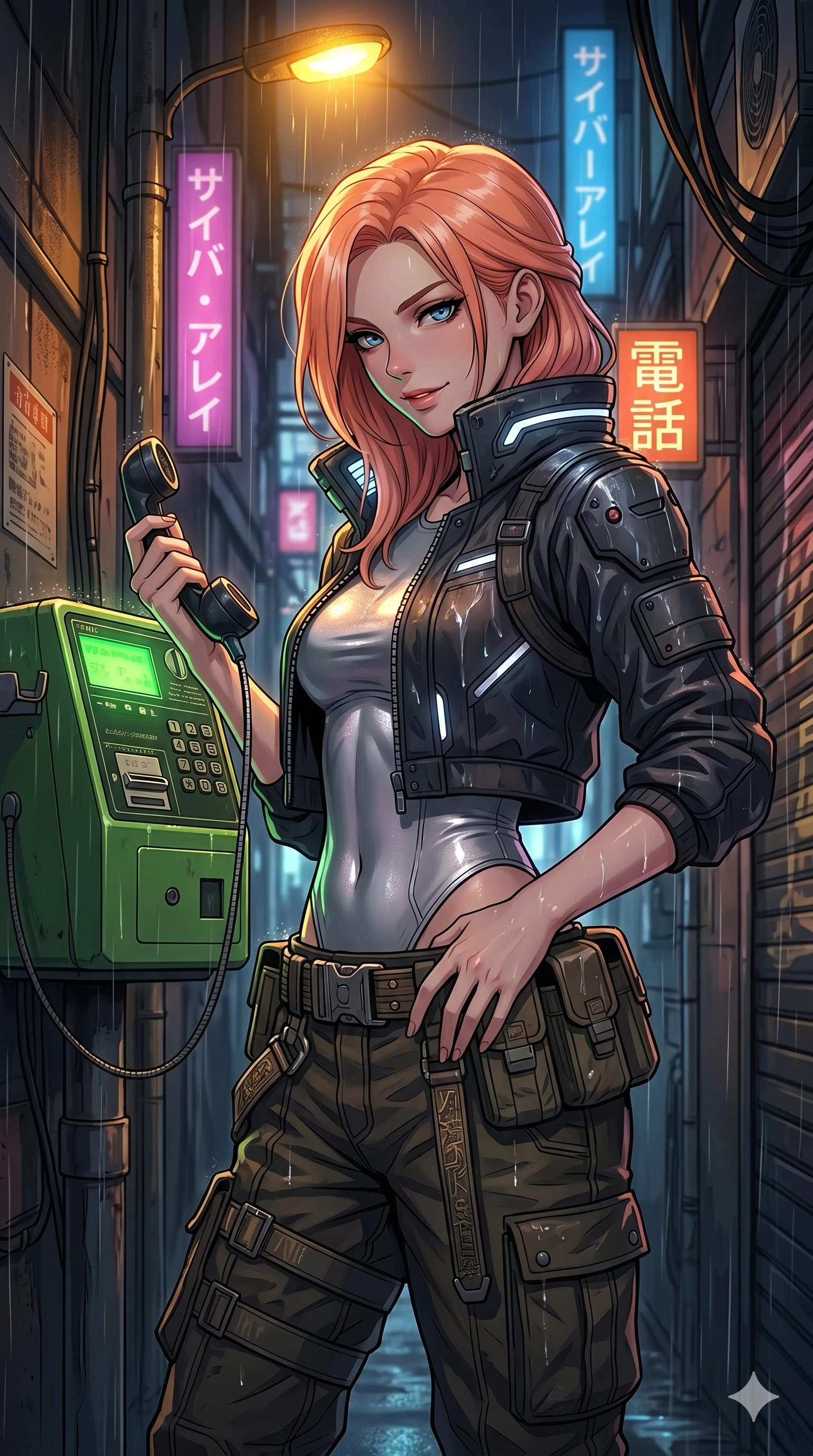 score_9, masterpiece, best quality, ultra-detailed, high-budget anime keyframe, Japanese woman. Upper body close-up from the thighs up, character filling the screen for maximum presence. Standing next to a retro payphone in a cyber-alley, holding the receiver, looking back with an enigmatic, intense smile. She is wearing a cropped cyber-jacket over a silver bodice and cargo pants with belt. The scene is lit by a single flickering yellow streetlight and a green phone screen. 2k, ultra detail, master piece, 9:16 ratio