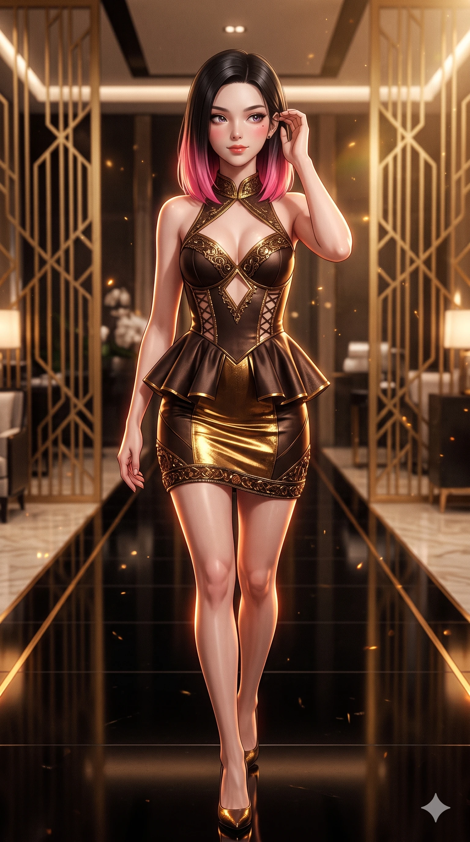 score_9, masterpiece, best quality, ultra-detailed, high-budget anime keyframe, semi-realistic 3D game render, editorial fashion photography, tasteful artistic composition, Korean woman. close-up cowboy shot from the waist and thighs up, the character dominates the composition, filling the frame with her large presence. gently brushing a lock of hair behind her ear while casting a playful, flirtatious side-gaze with long eyelashes while walking slowly down the polished black lacquer salon aisle with hypnotic grace, hips swaying in an alluring sensual rhythm that accentuates her curvy hourglass silhouette. The surrounding environment is rendered in vivid detail and crisp panoramic clarity: sharp laser-cut brass screen filigree, crisp geometric inlay lines on furniture, and embroidered silk crest textures in deep focus. She has an exceptionally elegant, slender, and willowy female figure with an ultra-slim waist, flat toned midriff, narrow ribcage, and sculpted feminine hips creating an alluring, slim hourglass silhouette without bulk. sharp v-shaped jawline, high-bridge nose, intricate jewel-like sparkling eyes with depth, thick eyelashes, glossy parted lips with a natural sheen, intensely captivating and seductive bedroom-eyes expression, exuding both youthful cute charm and sovereign luxury allure, flawlessly proportioned anatomical accuracy, strict slender model proportions, natural body alignment, perfectly sculpted long slender limbs, ultra-slim waistline, clean dynamic posture without body distortion. wearing a modern peplum corset dress with side-waist diamond cutouts and an ultra-tight silhouette in dark espresso brown and molten gold foil, woven from high-density tech-wool with subtle metallic thread weave, featuring fine criss-cross lace-up side ties revealing tantalizing glimpses of her hip curve, the precision-cut side openings and low-back scoop framing her graceful spine and the sensual sweep of her slim, toned hips. illuminated by black lacquer floor reflections and sharp gold-amber rim lights sculpting her razor-sharp jawline, narrow waist, and curvy hips. highly saturated vibrant anime colors, detailed shading with soft gradients, rich glossy textures, high-contrast stereoscopic depth, volumetric dynamic lighting, master piece, 9:16 ratio