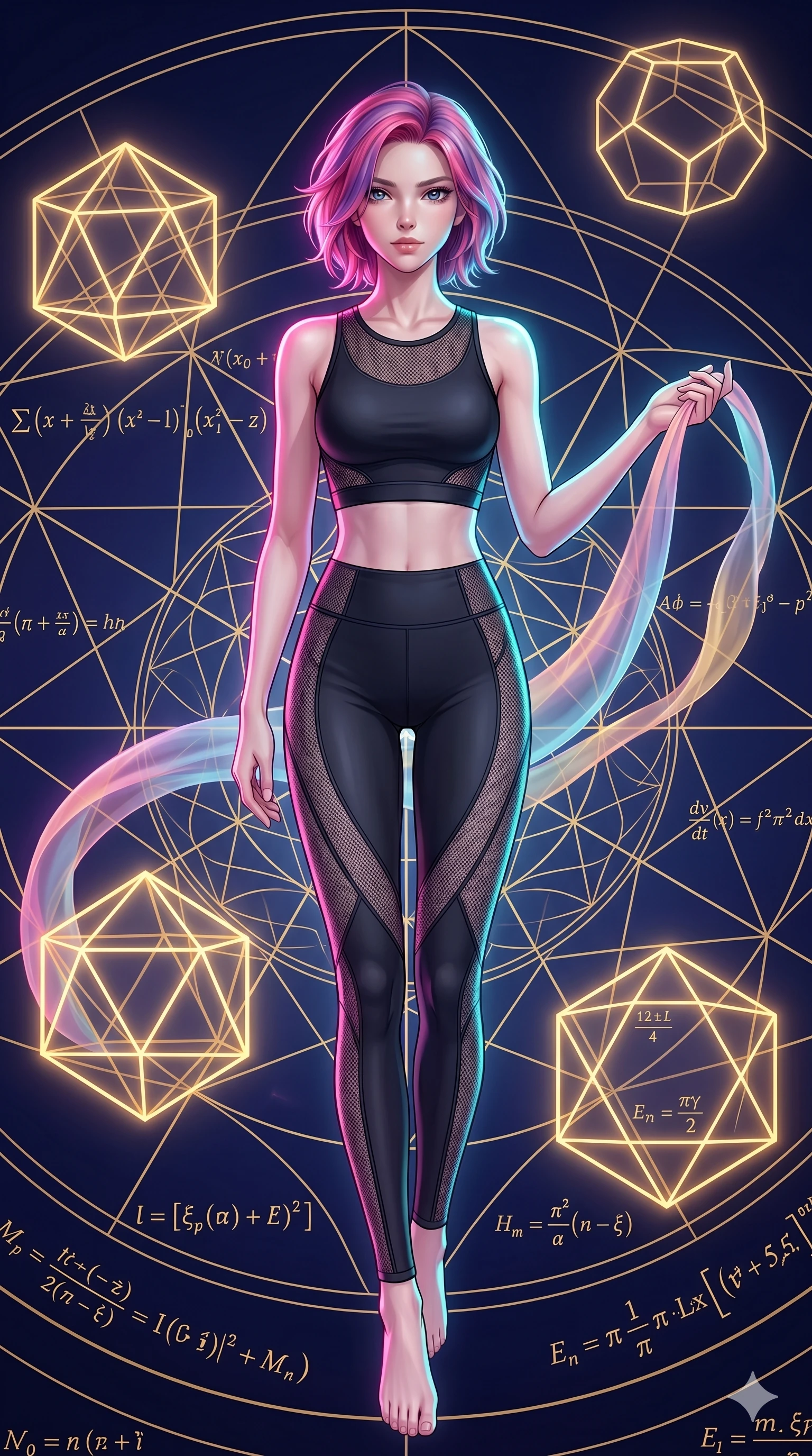 score_9, masterpiece, best quality, ultra-detailed, high-budget anime keyframe, Japanese woman. upper body close-up from the thighs up, character filling the screen for maximum presence. floating gracefully in a mathematical mandala void filled with golden geometric lines of complex formulas, holding a translucent ribbon as she glides between floating regular polyhedrons. She has an absolutely perfect 8-heads proportion, an exceptionally tall and slender female figure with impossibly long slender legs and an ultra-slim waist. V-shaped jawline, high-bridge nose, intricate jewel-like eyes with depth, thick eyelashes, glossy lips with a natural sheen.. wearing a structured mesh athleisure set, featuring a fitted matte black crop top and leggings with architectural semi-opaque mesh panels tracing her silhouette. bathed in brilliant cinematic volumetric lighting and intense neon rim light highlighting her slender form. 2k, ultra detail, master piece, 9:16 ratio