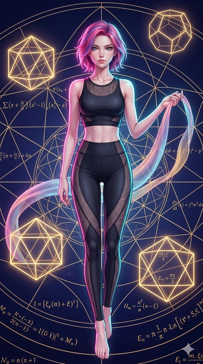 score_9, masterpiece, best quality, ultra-detailed, high-budget anime keyframe, Japanese woman. upper body close-up from the thighs up, character filling the screen for maximum presence. floating gracefully in a mathematical mandala void filled with 