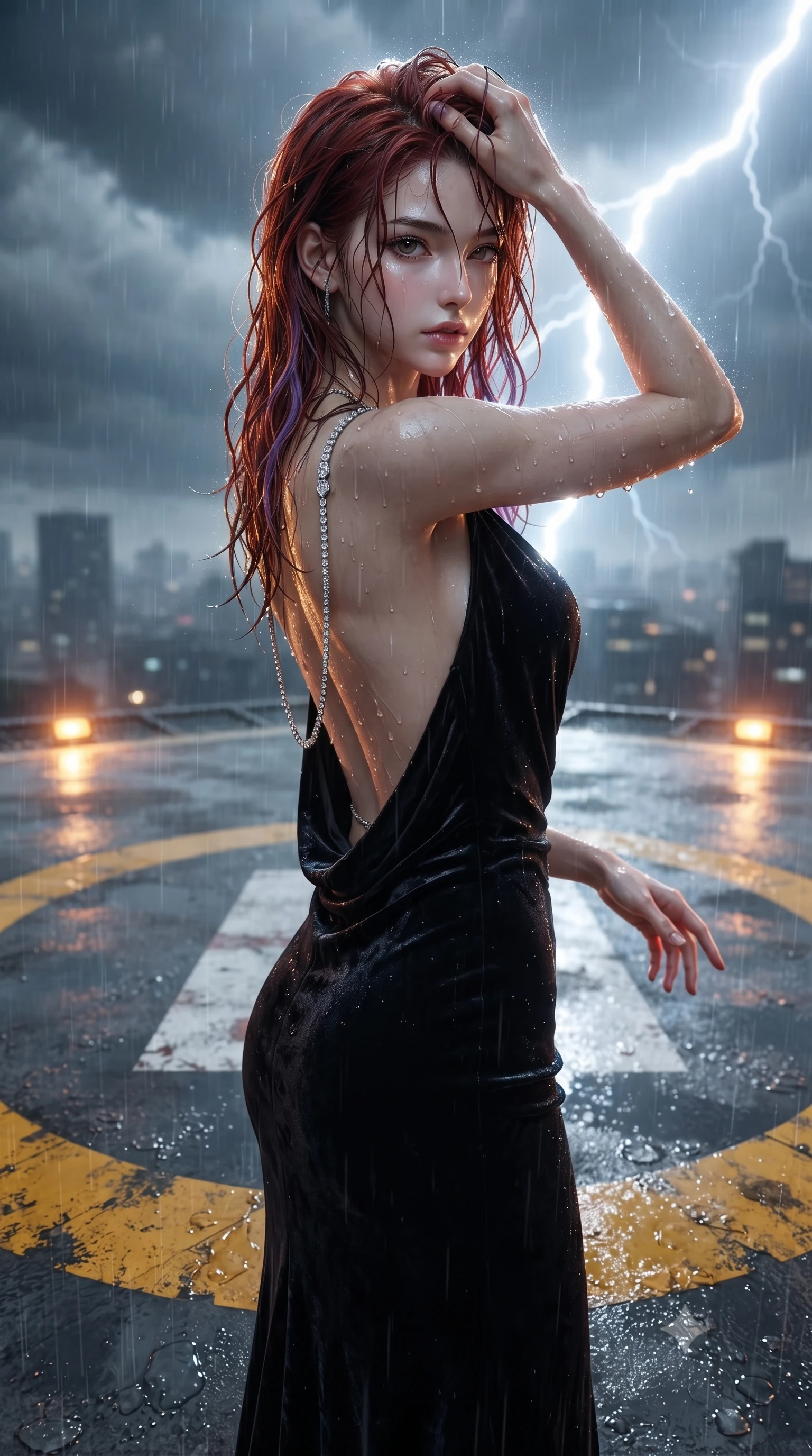 score_9, masterpiece, best quality, ultra-detailed, high-budget anime keyframe, editorial fashion photography, tasteful artistic composition, Caucasian woman. close-up cowboy shot from the waist and thighs up, the character dominates the composition, filling the frame with her large presence. extending one slender arm gracefully toward the foreground while casting an affectionate, mesmerizing glance while standing resolute at the center of the illuminated yellow helipad circle, pushing wet hair from her forehead with a fierce gaze. The surrounding environment is rendered in vivid detail and crisp panoramic clarity. sharp helipad marking paint textures, distinct water droplet splashes, and wet leather coat sheen in deep focus. She has an exceptionally elegant, slender, and willowy female figure with an ultra-slim waist, a gracefully sculpted slender torso, toned flat midriff, and a refined slim silhouette. sharp v-shaped jawline, high-bridge nose, intricate jewel-like eyes with depth, thick eyelashes, glossy lips with a natural sheen, captivating and magnetic expression, flawlessly proportioned anatomical accuracy, strict slender model proportions, natural body alignment, perfectly sculpted long slender limbs, ultra-slim waistline, clean dynamic posture without body distortion. wearing an opulent backless black velvet evening gown with a plunging cowl back and diamond-encrusted shoulder straps in midnight black and liquid gold, crafted from heavyweight crushed silk velvet with liquid luster, accented with a glittering diamond back chain tracing her bare spine edition #15, the sleek tailored cut tightly hugging her graceful clavicle, narrow waist, and feminine curves with statuesque precision. bathed in blinding white storm lightning flash backlighting and warm amber perimeter beacon fill. ultra-reflective glossy finish, specular highlights, rich textural contrasts, high-contrast stereoscopic depth, volumetric dynamic lighting, 2k, ultra detail, master piece, 9:16 ratio