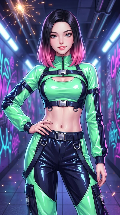 score_9, masterpiece, best quality, ultra-detailed, high-budget anime keyframe, semi-realistic 3D game render, editorial fashion photography, tasteful artistic composition, Korean woman. close-up cowboy shot from the waist and thighs up, the characte