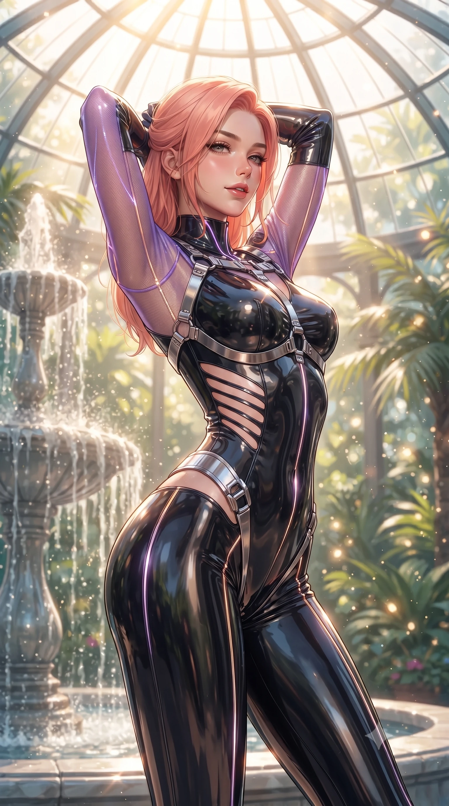 score_9, masterpiece, best quality, ultra-detailed, high-budget anime keyframe, editorial fashion photography, tasteful artistic composition, Japanese woman. close-up cowboy shot from the waist and thighs up, the character dominates the composition, filling the frame with her large presence. stretching forward with an alluring arch of her spine, glancing over her shoulder with thick eyelashes and a smoldering half-smile while pivoting dynamically beside a cascading glasshouse fountain catching intense volumetric sunbeams. The composition keeps background elements in soft focus with creamy bokeh. sun-drenched tropical foliage scattering radiant light motes across a soft background. She has an exceptionally elegant, slender, and willowy female figure with an ultra-slim waist, a gracefully sculpted slender torso, toned flat midriff, and a refined slim silhouette. sharp v-shaped jawline, high-bridge nose, intricate jewel-like eyes with depth, thick eyelashes, glossy lips with a natural sheen, flawlessly proportioned anatomical accuracy, strict slender model proportions, natural body alignment, perfectly sculpted long slender limbs, ultra-slim waistline, clean dynamic posture without body distortion. wearing an ultra-sleek high-cut tech-bodysuit featuring dangerous diagonal slitted cutouts on the midriff and shoulders, reinforced by a metallic silver harness and sheer mesh sleeves in luminous lavender violet and rose gold, crafted from ultra-reflective second-skin latex with a high-gloss glass-like polish, accented with glowing fiber-optic seams tracing her collarbones and hip curves, the glove-like aerodynamic second-skin fit tightly clinging to her ultra-slender waist and athletic curves without adding bulk, accentuating her razor-sharp statuesque lines and slim hourglass silhouette. bathed in intense volumetric golden sunbeams streaming through crystalline glass dome panes. ultra-reflective glossy finish, specular highlights, metallic sheen, high-contrast stereoscopic depth, volumetric dynamic lighting, 2k, ultra detail, master piece, 9:16 ratio