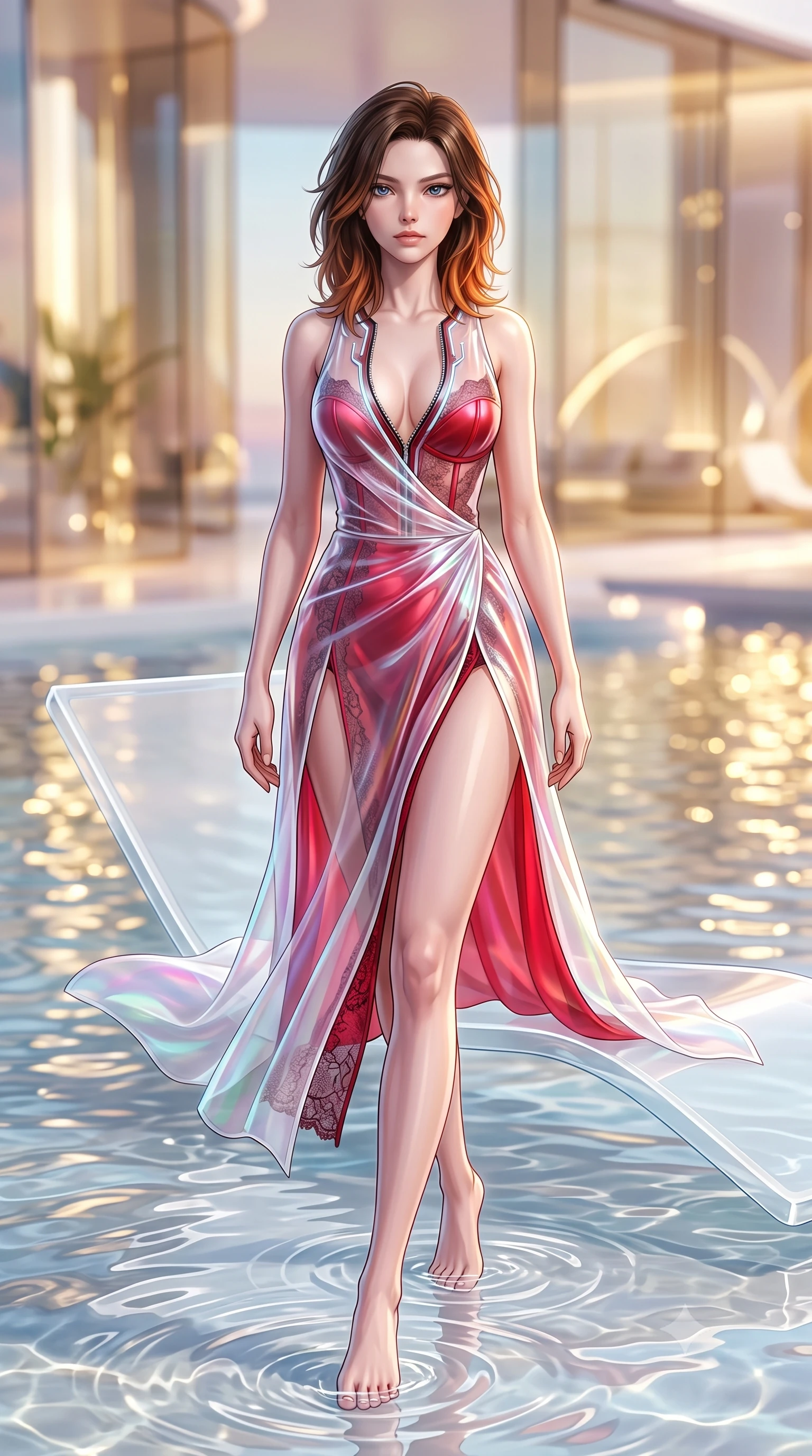 score_9, masterpiece, best quality, ultra-detailed, high-budget anime keyframe, semi-realistic 3D game render, editorial fashion photography, tasteful artistic composition, Korean woman. low angle full-body shot from head to toe showing her feet, filling the entire 9:16 vertical frame with her statuesque presence, stretching her vertical silhouette. striding forward in a proud, statuesque motion with a dangerous smolder, her vertical silhouette dominating the frame from head to toe while lounging gracefully on a floating white lounger as clear shallow water ripples around her slender ankles. The composition keeps background elements in soft focus with creamy bokeh. champagne-tinted glass reflections and shimmering water surfaces blurred into glowing golden bokeh. She has an absolutely perfect, statuesque 8.5-heads proportion, an exceptionally tall and slender model-like female figure with impossibly long slender legs, a toned flat midriff, and an ultra-slim waist. sharp v-shaped jawline, high-bridge nose, intricate jewel-like eyes with depth, thick eyelashes, glossy lips with a natural sheen, flawlessly proportioned anatomical accuracy, strict slender model proportions, natural body alignment, perfectly sculpted long slender limbs, ultra-slim waistline, clean dynamic posture without body distortion. wearing a translucent iridescent organza wrap dress with structured bustier boning, plunging neckline, and high-cut dual leg slits in radiant crimson silk and crisp snow white, crafted from delicate dark lace interwoven with luminescent micro-fibers, featuring a dangerously unzipped neckline framed by glowing cybernetic accents, the sleek second-skin cut tightly hugging her graceful clavicle, narrow waist, and feminine curves with athletic precision. surrounded by an opulent, luminous, and enchantingly seductive contemporary pavilion ambiance. highly saturated vibrant anime colors, detailed shading with soft gradients, rich glossy textures, high-contrast stereoscopic depth, volumetric dynamic lighting, master piece, 9:16 ratio