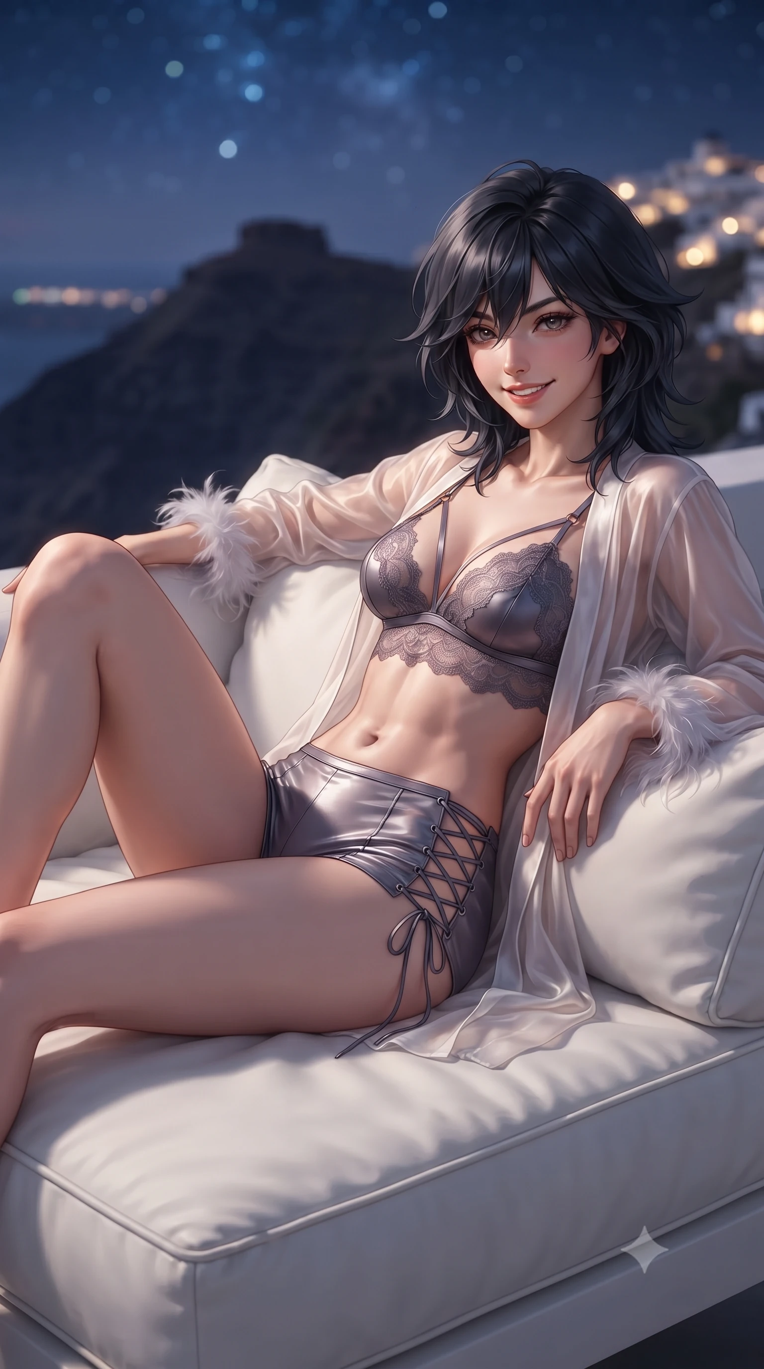score_9, masterpiece, best quality, ultra-detailed, high-budget anime keyframe, editorial fashion photography, tasteful artistic composition, Caucasian woman. close-up cowboy shot from the waist and thighs up, the character dominates the composition, filling the frame with her large presence. perched sideways on the lounge seat, one knee drawn up to showcase her slender leg line while her arched back accentuates her feminine hip curve while reclining gracefully across the plush white cushions propped on one elbow, flashing a radiant, flirtatious smile toward the lens. The background shows a soft-focus rugged silhouette of historic Skaros Rock jutting into the midnight Aegean, distant lights of Thira town, and starry heavens blurred into indigo, diamond, and topaz bokeh. She has an exceptionally elegant, slender, and willowy female figure with an ultra-slim waist, flat toned midriff, narrow ribcage, and sculpted feminine hips creating an alluring, slim hourglass silhouette without bulk. sharp v-shaped jawline, high-bridge nose, intricate jewel-like sparkling eyes with depth, thick eyelashes, glossy parted lips with a natural peach sheen, bright cheerful beaming smile with an enchanting and coquettish sensual glint, exuding both youthful cute charm and seductive allure, flawlessly proportioned anatomical accuracy, strict slender model proportions, natural body alignment, perfectly sculpted long slender limbs, ultra-slim waistline, clean dynamic posture without body distortion. wearing a delicate translucent silk boudoir robe with feather-trimmed cuffs worn open over a strappy lace bralette and micro-shorts in dusky lavender noir and liquid silver chrome, woven from buttery-soft stretch lambskin leather adhering to her body like a second skin, featuring fine criss-cross lace-up side ties revealing tantalizing glimpses of her hip curve, the form-contouring silhouette accentuating her sculpted flat midriff, narrow delicate ribcage, and gracefully curvy hips with intoxicating allure. illuminated by white stucco bounce fill and sharp bronze-gold rim lights defining her dewy collarbones, ultra-slim waist, and curvy hips. ultra-reflective glossy finish, specular highlights, rich textural contrasts, high-contrast stereoscopic depth, volumetric dynamic lighting, 2k, ultra detail, master piece, 9:16 ratio