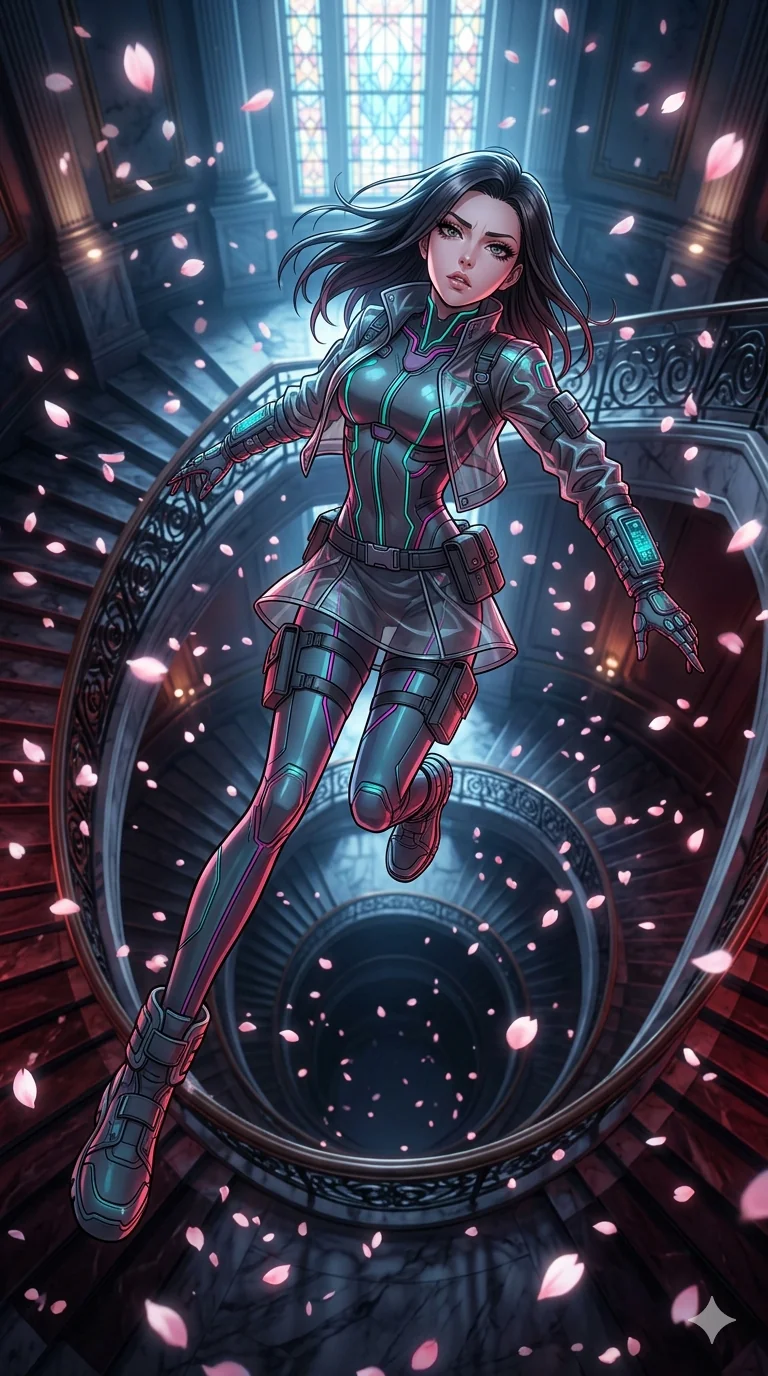 score_9, masterpiece, best quality, ultra-detailed, high-budget anime movie keyframe, cinematic anime lighting, intricate line art, Caucasian (strictly human ears) anime girl. Extreme high angle shot as she leaps towards the camera, filling the frame. collapsing onto a grand staircase as petals fall from the ceiling. She has an absolutely perfect 8-heads proportion, an exceptionally tall and slender female figure with an ultra-slim waist and impossibly long slender legs. strictly human anatomy, two legs only, no extra limbs, clearly defined legs and arms, perfect anatomy, perfect hands and fingers. sharp v-shaped jawline, high-bridge nose, intricate jewel-like eyes, thick eyelashes, glossy lips. Wearing Tech-Fantasy: Cybernetic tech-suit with glowing seams, translucent PVC over leotard, and modular tactical gear. The scene is illuminated by dramatic atmospheric lighting and vibrant color palettes. , 2k, ultra detail, master piece, 9:16 ratio