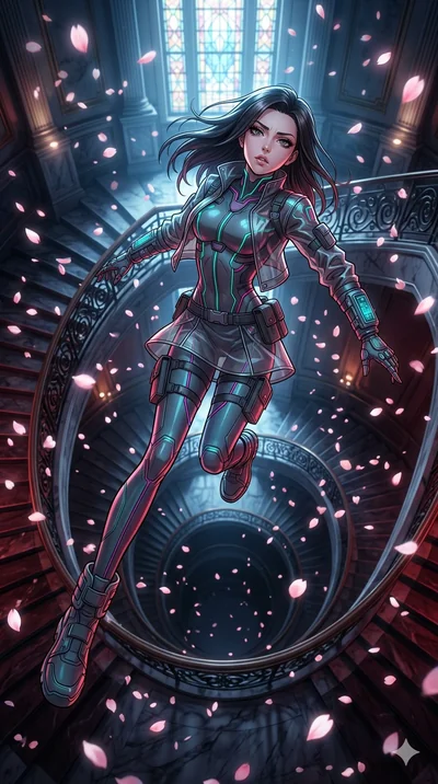 score_9, masterpiece, best quality, ultra-detailed, high-budget anime movie keyframe, cinematic anime lighting, intricate line art, Caucasian (strictly human ears) anime girl. Extreme high angle shot as she leaps towards the camera, filling the frame