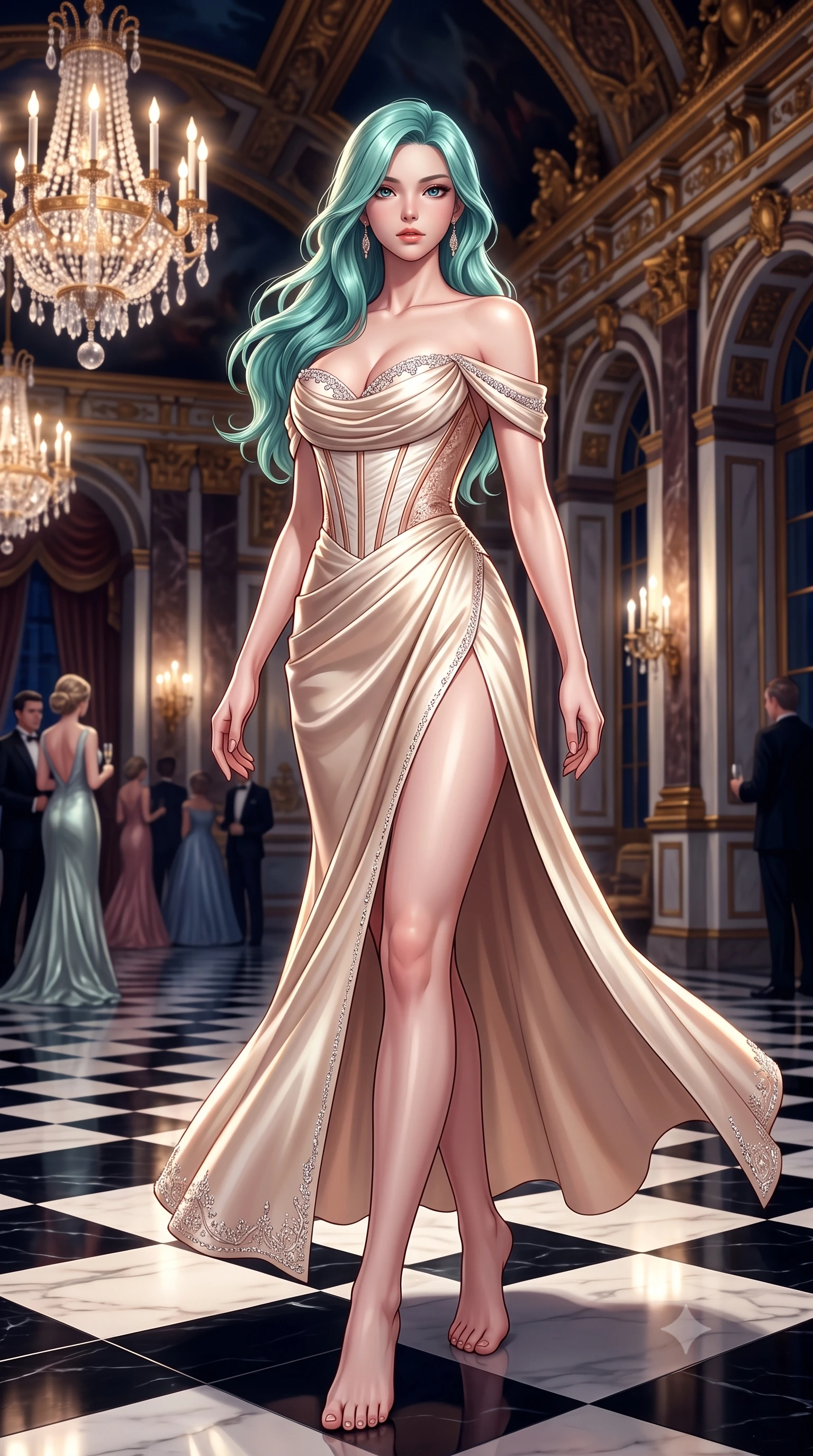 score_9, masterpiece, best quality, ultra-detailed, high-budget anime keyframe, semi-realistic 3D game render, editorial fashion photography, tasteful artistic composition, Japanese woman. low angle full-body shot from head to toe showing her feet, filling the entire 9:16 vertical frame with her statuesque presence, stretching her vertical silhouette. pivoting dynamically with supreme athletic balance and poise, her impossibly long slender legs creating a breathtaking line while gliding across the mirror-polished checkerboard marble floor of an imperial palace ballroom during a midnight gala. The surrounding environment is rendered in vivid detail and crisp panoramic clarity. rich high-contrast gala chiaroscuro and monumental imperial palace grandeur captured with environmental sharpness. She has an absolutely perfect, statuesque 8.5-heads proportion, an exceptionally tall and slender model-like female figure with impossibly long slender legs, a toned flat midriff, and an ultra-slim waist. sharp v-shaped jawline, high-bridge nose, intricate jewel-like eyes with depth, thick eyelashes, glossy lips with a natural sheen, captivating and magnetic expression, flawlessly proportioned anatomical accuracy, strict slender model proportions, natural body alignment, perfectly sculpted long slender limbs, ultra-slim waistline, clean dynamic posture without body distortion. wearing a statuesque off-shoulder champagne satin gala dress featuring a thigh-high side slit and draped corset bodice in champagne ivory and rose gold, tailored from ultra-smooth duchess satin with a pearlescent sheen, finished with delicate crystal embroidery along the neckline and hem, the breezy yet form-flattering drape swaying gracefully with her steps, accentuating her long willowy limbs and slim waistline. illuminated by crisp specular highlights tracing her sculpted flat midriff, collarbones, and long legs. highly saturated vibrant anime colors, detailed shading with soft gradients, rich glossy textures, high-contrast stereoscopic depth, volumetric dynamic lighting, master piece, 9:16 ratio