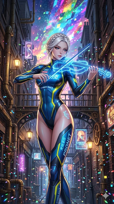 score_9, masterpiece, best quality, ultra-detailed, Set A: High-budget Anime Keyframe, Japanese woman. Upper body close-up from the thighs up, character filling the screen for maximum presence. Theme: Primal Nature. playing a holographic violin in a 