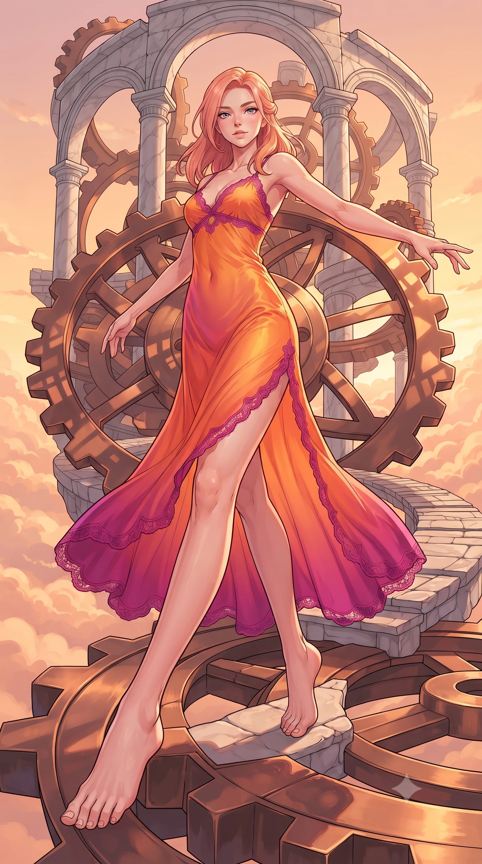 score_9, masterpiece, best quality, ultra-detailed, high-budget anime keyframe, editorial fashion photography, tasteful artistic composition, gorgeous anime illustration, with clean line-art, distinct ink outlines, and high-contrast stereoscopic depth, Japanese woman. low angle full-body shot from head to toe showing her feet, filling the entire 9:16 vertical frame with her statuesque presence, stretching her vertical silhouette. navigating with fluid, playful motion through on a floating stone island made of rotating bronze gears and marble structures, high above a sea of peach-colored clouds at sunset. She has a statuesque 8.5-heads proportion, an exceptionally tall, slender and willowy model-like build with impossibly long legs and a highly sculpted ultra-slim waist. sharp v-shaped jawline, high-bridge nose, intricate jewel-like eyes with depth, thick eyelashes, glossy lips with a natural sheen. wearing a gossamer-thin silk slip dress in a sunset orange gradient, detailed with magenta lace-trimmed edges. warm peach and gold light from the sunset reflecting off the polished bronze gears, casting complex geometric shadows. 2k, ultra detail, master piece, 9:16 ratio, highly saturated vibrant anime colors, detailed cel-shading with soft gradients, rich glossy textures, deep contrast, volumetric dynamic lighting, 2d animation style