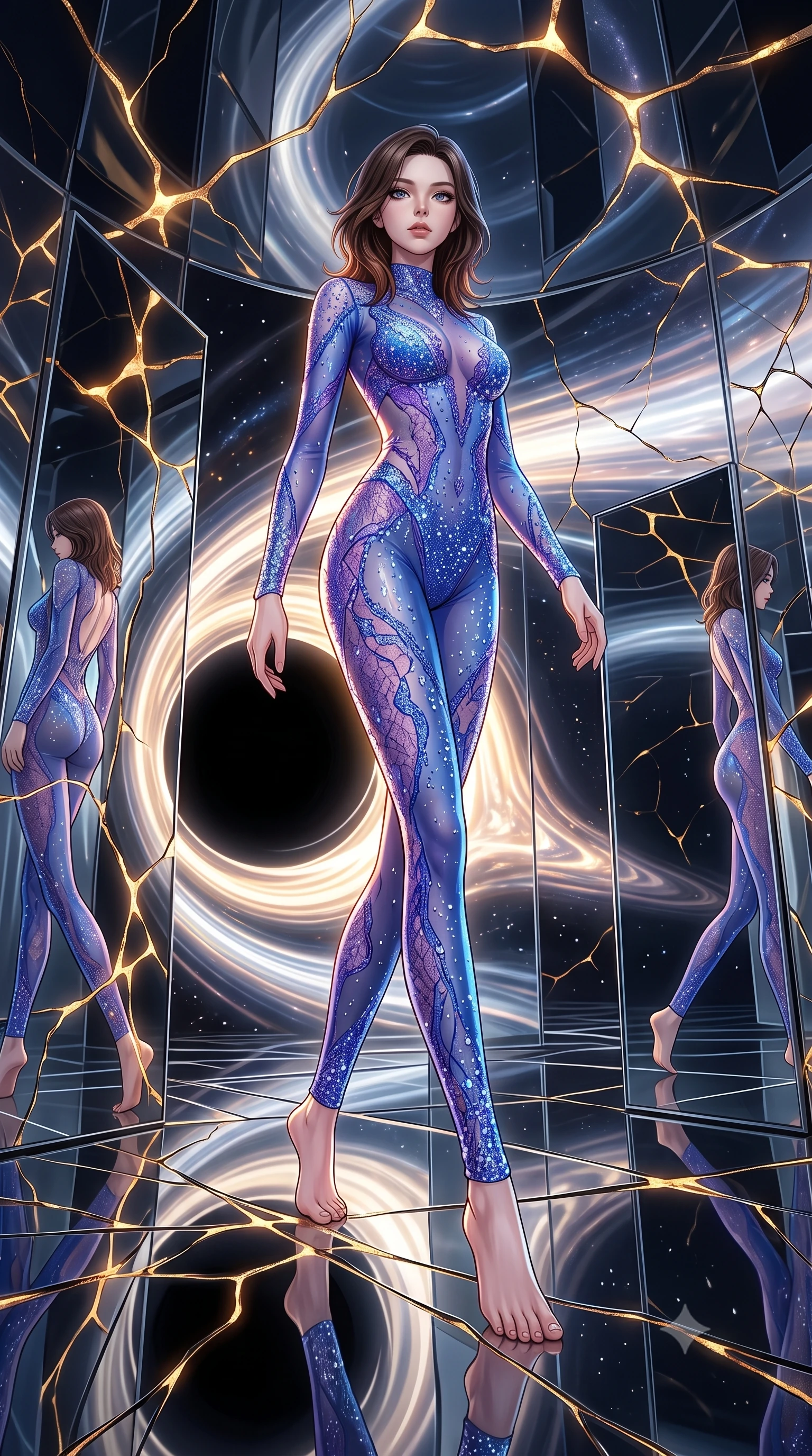 score_9, masterpiece, best quality, ultra-detailed, high-budget anime keyframe, editorial fashion photography, tasteful artistic composition, Korean woman. low angle full-body shot from head to toe showing her feet, filling the entire 9:16 vertical frame with her statuesque presence, stretching her vertical silhouette. navigating with fluid motion through a gallery positioned at the edge of a black hole where extreme gravity bends light around mirrors creating impossible reflections of infinity with space-time visibly warping and stretching near each polished surface. She has a statuesque 8.5-heads proportion, an exceptionally tall, slender and willowy model-like build with impossibly long legs and a highly sculpted ultra-slim waist. sharp v-shaped jawline, high-bridge nose, intricate jewel-like eyes with depth, thick eyelashes, glossy lips with a natural sheen. wearing a full-body sheer catsuit in electric blue, featuring violet lace panels and shimmering crystal embellishments. glowing kintsugi gold light radiating from cracks in the environment creating a majestic inner glow. 2k, ultra detail, master piece, 9:16 ratio