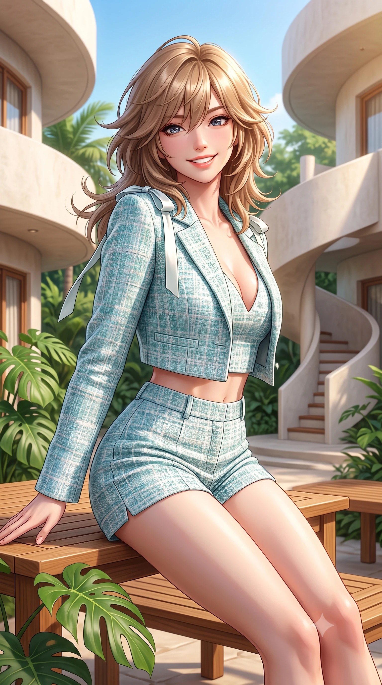 score_9, masterpiece, best quality, ultra-detailed, high-budget anime keyframe, semi-realistic 3D game render, editorial fashion photography, tasteful artistic composition, Japanese woman. close-up cowboy shot from the waist and thighs up, the character dominates the composition, filling the frame with her large presence. turning playfully with a bright confident smile, her glossy hair tossing in the breeze as her hips angle gracefully in a captivating contrapposto while sitting on a low teak bench in a lush tropical courtyard beneath curved Streamline Moderne spiral staircases, arching her back with a bright, charming smile. The surrounding environment is rendered in vivid detail and crisp panoramic clarity. sharp smooth plaster architectural curves, teak wood table textures, and monstera leaf veins in deep focus. She has an exceptionally elegant, slender, and willowy female figure with an ultra-slim waist, flat toned midriff, narrow ribcage, and sculpted feminine hips creating an alluring, slim hourglass silhouette without bulk. sharp v-shaped jawline, high-bridge nose, intricate jewel-like sparkling eyes with depth, thick eyelashes, glossy parted lips with a natural peach sheen, bright cheerful beaming smile with an enchanting and coquettish sensual glint, exuding both youthful cute charm and seductive allure, flawlessly proportioned anatomical accuracy, strict slender model proportions, natural body alignment, perfectly sculpted long slender limbs, ultra-slim waistline, clean dynamic posture without body distortion. wearing a chic cropped linen blazer worn with a plunging-V camisole and high-waisted tailored hot-pants showcasing her long slender legs in ocean turquoise and sea-salt white, tailored from soft pastel tweed with subtle metallic shimmer, finished with cute satin bow ribbons tying at the shoulders, the liquid-tight tailored fabric clinging flawlessly to her narrow waist and rounded feminine hips, emphasizing every millimeter of her sculpted slim hourglass curves without any bulky heaviness. bathed in warm, luminous tropical morning sunlight streaming into the secluded courtyard. highly saturated vibrant anime colors, detailed shading with soft gradients, rich glossy textures, high-contrast stereoscopic depth, volumetric dynamic lighting, master piece, 9:16 ratio