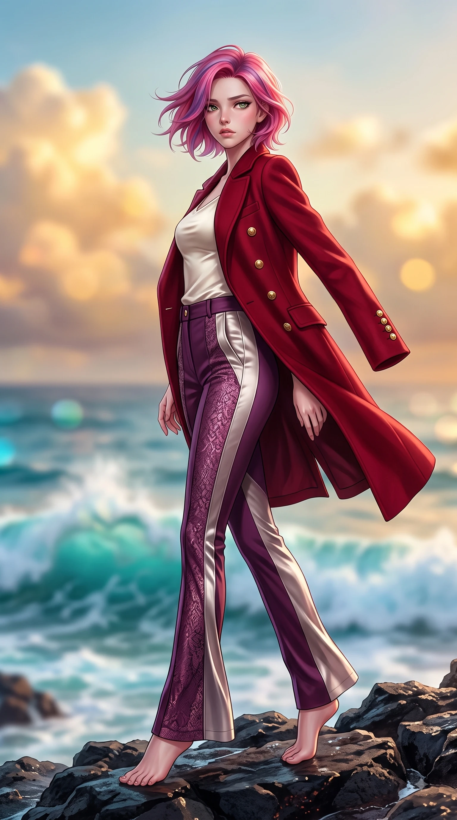 score_9, masterpiece, best quality, ultra-detailed, high-budget anime keyframe, editorial fashion photography, tasteful artistic composition, Caucasian woman. low angle full-body shot from head to toe showing her feet, filling the entire 9:16 vertical frame with her statuesque presence, stretching her vertical silhouette. Subtle lingering regret in her eyes, looking back over her shoulder with an emotional, reluctant glance while pivoting in mid-motion on dark volcanic rocks with a windswept, magnetic stance. The composition keeps background elements in soft focus with dreamy bokeh. crashing ocean waves and glowing sunset clouds blurred into smooth turquoise and gold bokeh. She has an absolutely perfect, statuesque 8.5-heads proportion, an exceptionally tall and slender model-like female figure with impossibly long slender legs and an ultra-slim waist. sharp v-shaped jawline, high-bridge nose, intricate jewel-like eyes with depth, thick eyelashes, glossy lips with a natural sheen, flawlessly proportioned anatomical accuracy, natural body alignment, perfectly sculpted elegant limbs, clean dynamic posture without body distortion. wearing a tailored crimson red wool coat over a fitted ivory silk top and tailored trousers in rich plum violet and metallic platinum, made of fine lace weave and soft satin jersey, finished with gold metallic hardware buttons along the front, the fluid drape swaying gracefully with her dynamic editorial movement. surrounded by an majestic, emotional, and breathtaking coastal editorial aura. highly saturated vibrant anime colors, detailed shading with soft gradients, rich glossy textures, high-contrast stereoscopic depth, volumetric dynamic lighting, master piece, 9:16 ratio