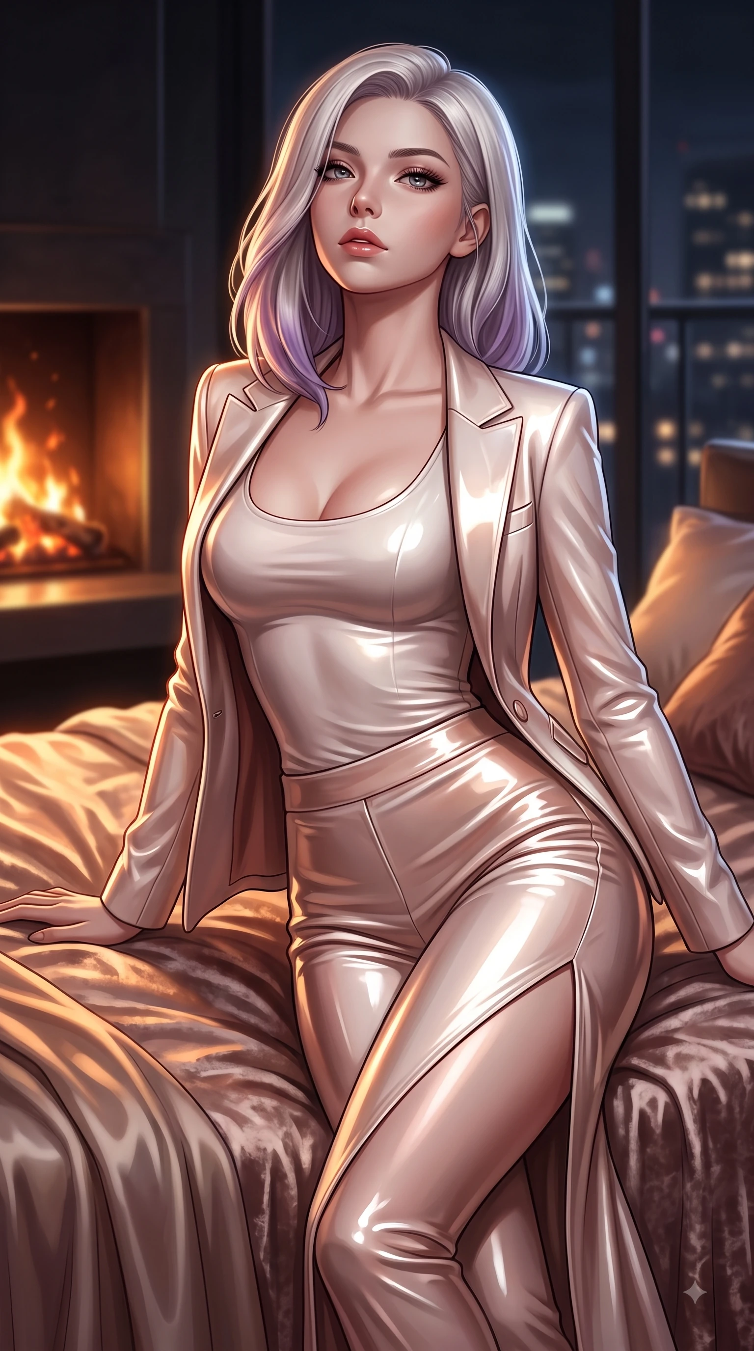 score_9, masterpiece, best quality, ultra-detailed, high-budget anime keyframe, editorial fashion photography, tasteful artistic composition, Caucasian woman. close-up cowboy shot from the waist and thighs up, the character dominates the composition, filling the frame with her large presence, background elements kept in soft focus. Tilting her chin up with composed magnetism as dramatic side lighting traces her sculpted waist and hip contour while lounging in an alluring S-curve pose on a plush silk daybed in a penthouse over city lights, crushed velvet sheets and silk drapery catching warm amber ambient lamp highlights. She has an exceptionally elegant, slender, and willowy female figure with an ultra-slim waist, a gracefully sculpted slender torso, and a refined silhouette. sharp v-shaped jawline, high-bridge nose, intricate jewel-like eyes with depth, thick eyelashes, glossy lips with a natural sheen, flawlessly proportioned anatomical accuracy, natural body alignment, perfectly sculpted elegant limbs, clean dynamic posture without body distortion. wearing a tailored silk blazer over a form-contouring scoop-neck top and slacks in pearl white and rose gold, tailored from high-gloss patent leather, finished with a sleek side slit ascending to mid-thigh, the elegant draped fit framing her graceful clavicle and slender torso. illuminated by glowing hearth embers and dramatic city night rim light. ultra-reflective glossy finish, specular highlights, metallic sheen, high-contrast stereoscopic depth, volumetric dynamic lighting, 2k, ultra detail, master piece, 9:16 ratio
