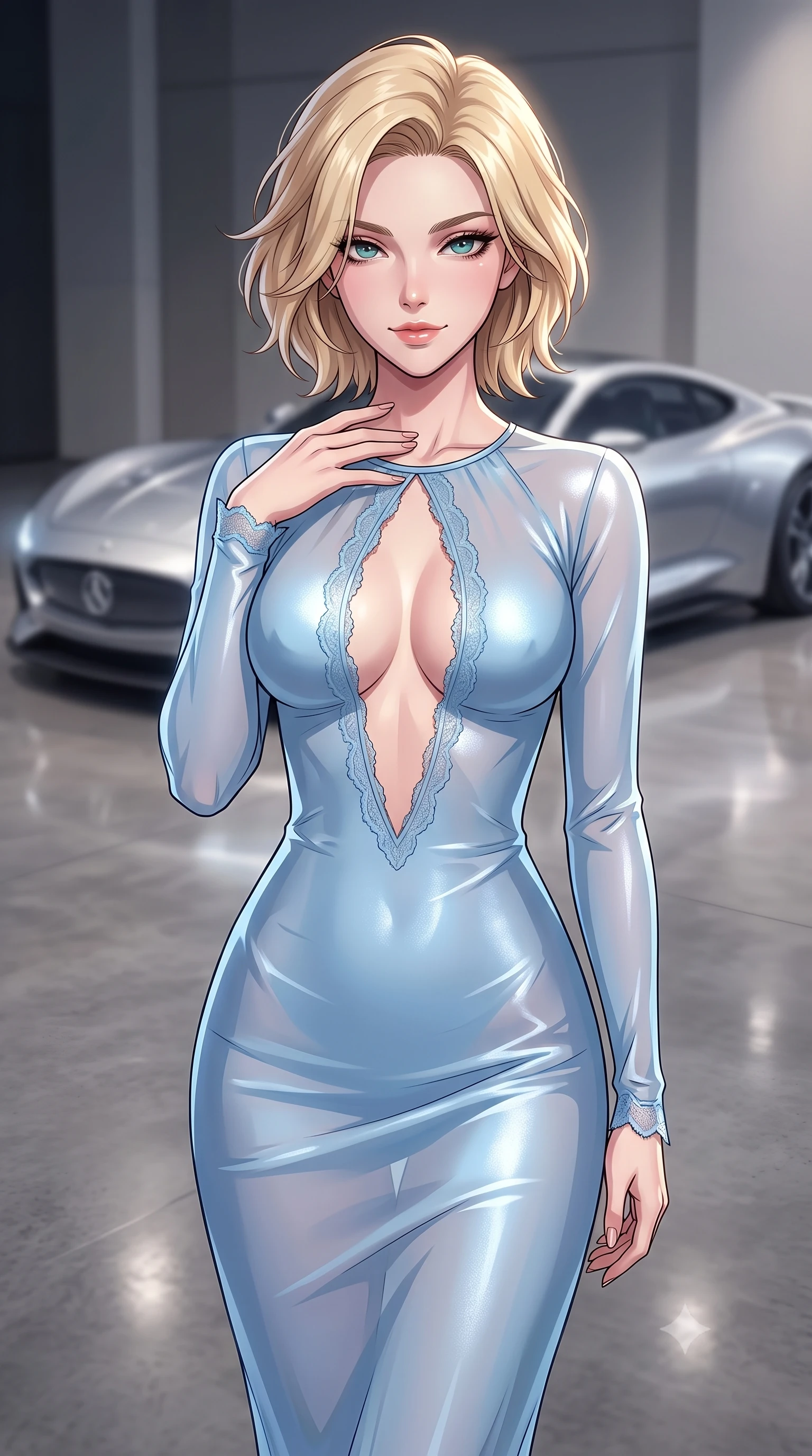 score_9, masterpiece, best quality, ultra-detailed, high-budget anime keyframe, tasteful artistic composition, Caucasian woman. close-up cowboy shot from the waist and thighs up, the character dominates the composition, filling the frame with her large presence, background elements kept in soft focus. standing with one hand resting on her collarbone, looking at the viewer with bedroom-eyes the background shows a soft-focus an indoor showroom with polished concrete floors reflecting a silver concept car. She has an exceptionally elegant, slender, and willowy female figure with an ultra-slim waist, a gracefully sculpted slender torso, and a refined silhouette. sharp v-shaped jawline, high-bridge nose, intricate jewel-like eyes with depth, thick eyelashes, glossy lips with a natural sheen. wearing a body-hugging sheer chiffon midi dress in baby blue, featuring a plunging keyhole cutout and lace trim. soft spotlighting highlighting the metallic sheen and glossy finish of the outfit. highly saturated vibrant anime colors, cel-shading, 2d style, master piece, 9:16 ratio
