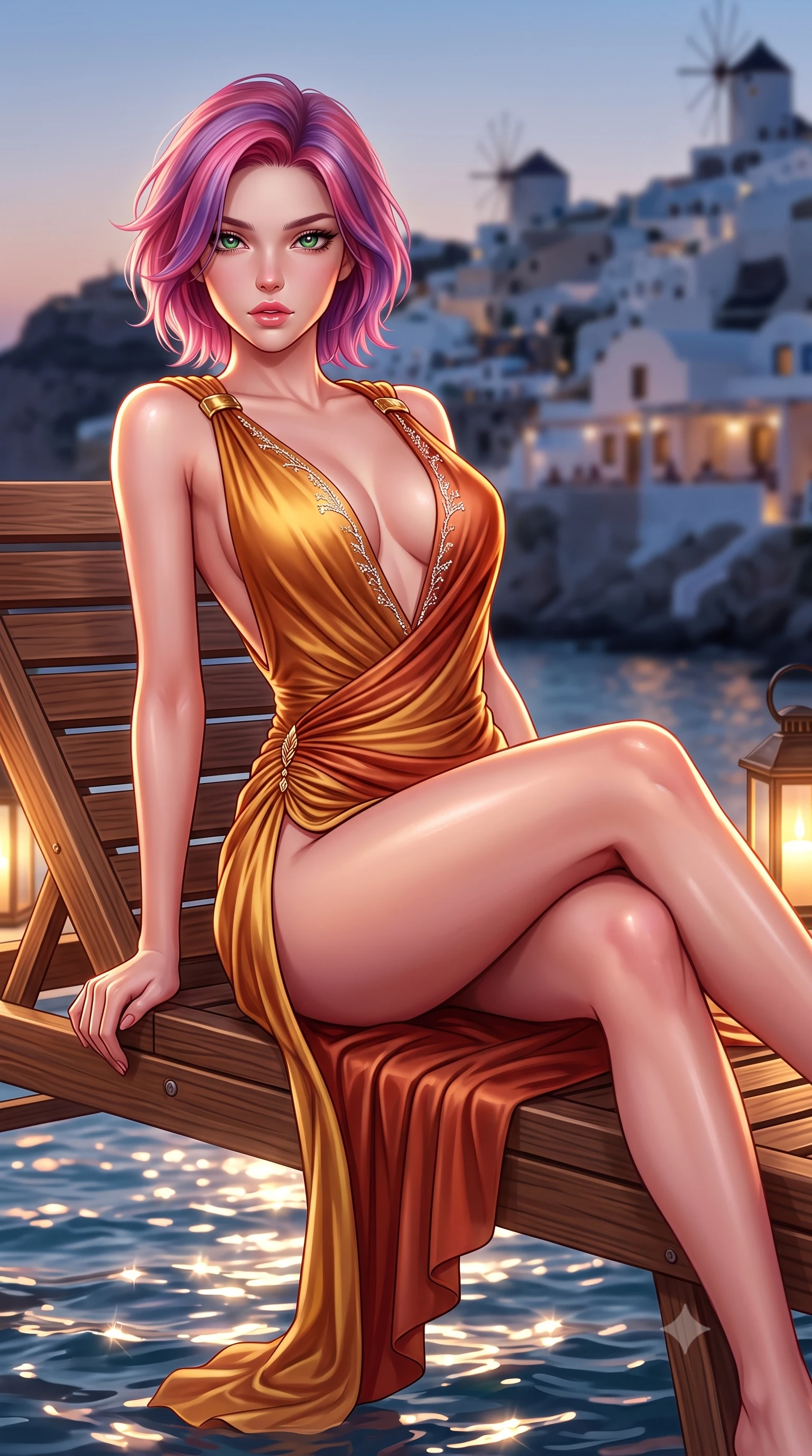 score_9, masterpiece, best quality, ultra-detailed, high-budget anime keyframe, semi-realistic 3D game render, editorial fashion photography, tasteful artistic composition, Caucasian woman. close-up cowboy shot from the waist and thighs up, the character dominates the composition, filling the frame with her large presence. leaning forward against the polished railing with her hips cocked back, creating an intoxicating curve from her narrow waist to sculpted hips as she gazes back into the lens while reclining languidly on a wooden sunbed with legs crossed, her long slender legs and curvy hips bathed in warm dockside lantern light and sea reflections. The composition keeps background elements in soft focus with creamy bokeh. distant Oia cliffside windmills and taverna lantern glow softened in romantic Greek island shallow focus. She has an exceptionally elegant, slender, and willowy female figure with an ultra-slim waist, flat toned midriff, narrow ribcage, and sculpted feminine hips creating an alluring, slim hourglass silhouette without bulk. sharp v-shaped jawline, high-bridge nose, intricate jewel-like eyes with depth, thick eyelashes, glossy parted lips with a natural sheen, intensely captivating and seductive bedroom-eyes expression, flawlessly proportioned anatomical accuracy, strict slender model proportions, natural body alignment, perfectly sculpted long slender limbs, ultra-slim waistline, clean dynamic posture without body distortion. wearing a high-slit Grecian goddess draped gown with asymmetrical gold shoulder clasps and hip gathering in molten desert gold and burnt terracotta, tailored from liquid silk jersey adhering flawlessly to her slender build, finished with delicate crystal frost embroidery tracing the plunging neckline, the second-skin form-contouring cut accentuating her sculpted flat midriff, narrow delicate ribcage, and gracefully curvy hips with supermodel precision. illuminated by sparkling sea surface glints sharply carving her razor-sharp jawline, narrow waist, and curvy hips. highly saturated vibrant anime colors, detailed shading with soft gradients, rich glossy textures, high-contrast stereoscopic depth, volumetric dynamic lighting, master piece, 9:16 ratio