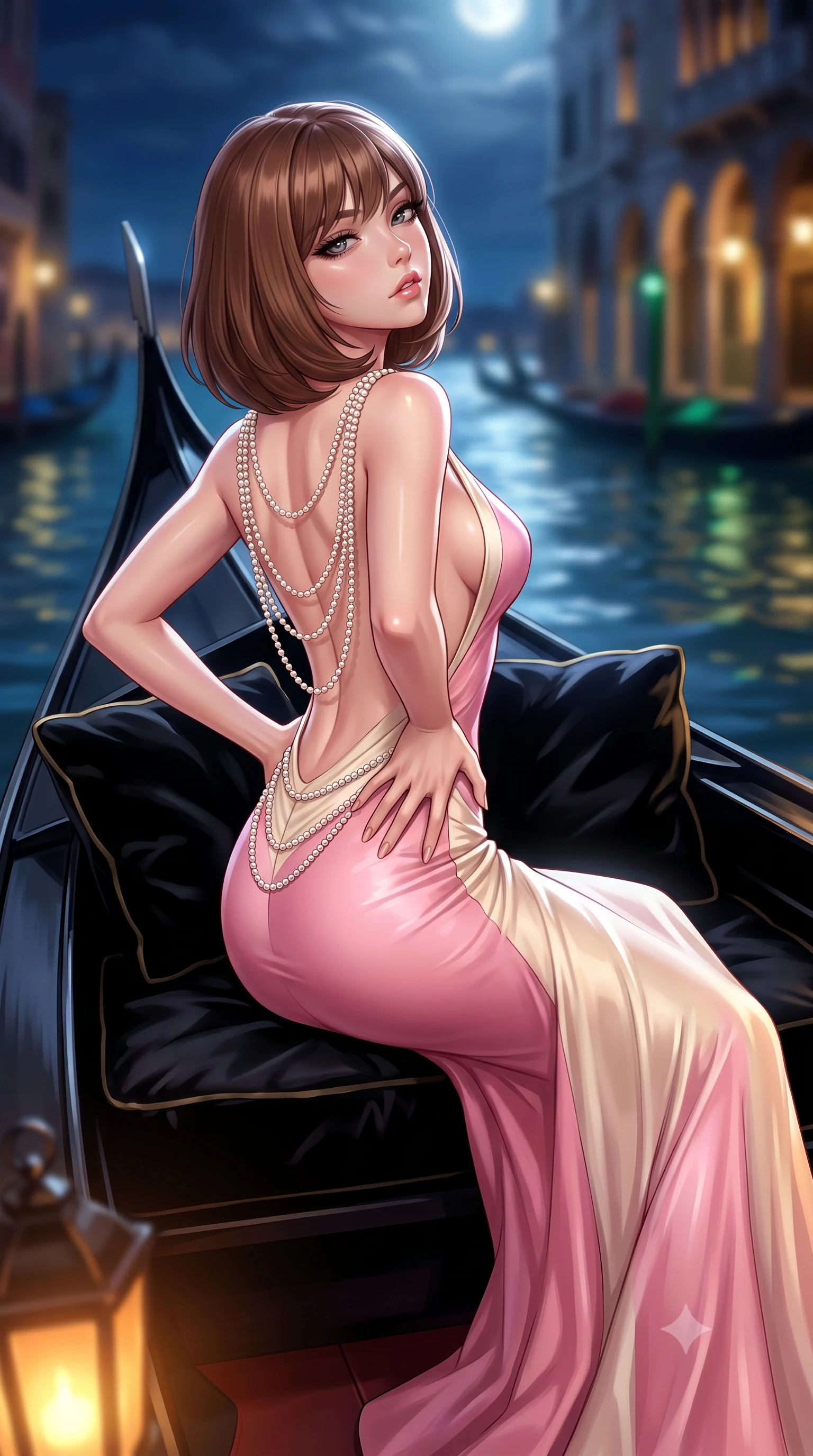 score_9, masterpiece, best quality, ultra-detailed, high-budget anime keyframe, semi-realistic 3D game render, editorial fashion photography, tasteful artistic composition, Caucasian woman. close-up cowboy shot from the waist and thighs up, the character dominates the composition, filling the frame with her large presence. tilting her chin up with proud, sovereign allure while gazing through thick eyelashes, one hand resting on her waist in pure supermodel charisma while reclining on her side across the velvet cushions of a sleek black gondola, arching her lower back with one slender leg extended as moonlit canal ripples mirror her curvy hips. The composition keeps background elements in soft focus with creamy bokeh. moonlit Grand Canal waters and distant Venetian palazzo arches blurred into deep sapphire, antique gold, and emerald bokeh. She has an exceptionally elegant, slender, and willowy female figure with an ultra-slim waist, flat toned midriff, narrow ribcage, and sculpted feminine hips creating an alluring, slim hourglass silhouette without bulk. sharp v-shaped jawline, high-bridge nose, intricate jewel-like eyes with depth, thick eyelashes, glossy parted lips with a natural sheen, intensely captivating and seductive bedroom-eyes expression, flawlessly proportioned anatomical accuracy, strict slender model proportions, natural body alignment, perfectly sculpted long slender limbs, ultra-slim waistline, clean dynamic posture without body distortion. wearing a liquid-silk jersey evening gown with an ultra-deep plunging open back descending to the base of her spine and a sculpted hip-hugging skirt in sakura blossom pink and warm ivory, tailored from smooth liquid silk satin adhering seamlessly to her skin, accented with a multi-strand pearl back necklace cascading down her bare spine to her hips, the form-contouring material adhering flawlessly to her sculpted flat midriff and slender torso, emphasizing her long leg lines and perfectly proportioned willowy build. bathed in cool silver full-moon light streaming from above and warm amber gondola lantern uplights. highly saturated vibrant anime colors, detailed shading with soft gradients, rich glossy textures, high-contrast stereoscopic depth, volumetric dynamic lighting, master piece, 9:16 ratio