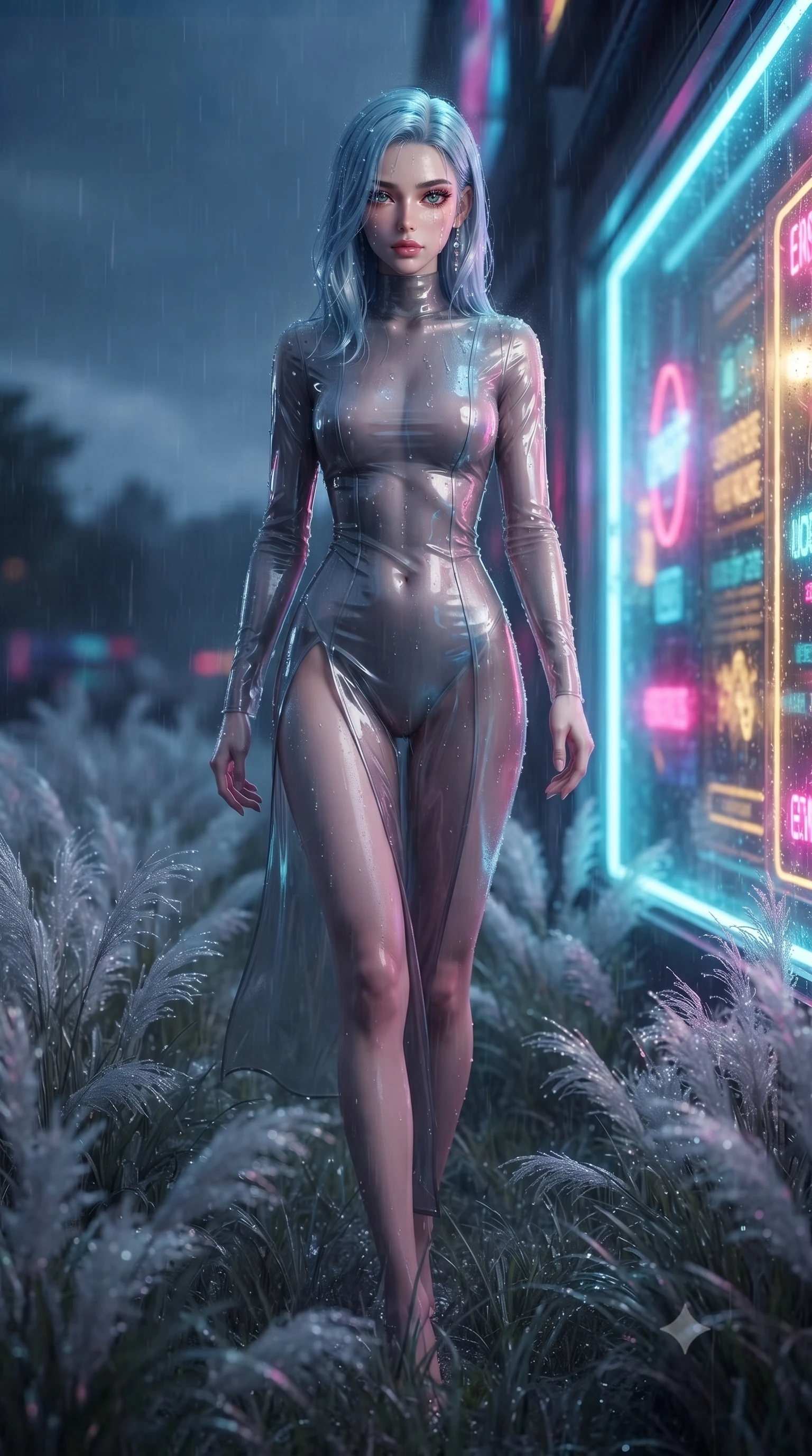 score_9, masterpiece, best quality, ultra-detailed, High-budget Anime Keyframe, editorial fashion photography, tasteful artistic composition, realistic cosplay photography, East Asian woman. Dynamic full-body shot stretching the vertical silhouette to the limit. Scenario 392: walking through a field of tall silver grass at a glowing neon window at twilight with soft rain falling. Her presence is magnetic and overpowering in this high-budget cinematic scene. Outfit 392: a body-hugging translucent PVC liquid with a thigh-high slit and wet-look texture. The clothing is designed to emphasize her exceptionally tall and slender 8-heads proportion. 8-heads proportion, towering silhouette, ultra-slim waist. sharp v-shaped jawline, intricate jewel-like eyes with depth, thick eyelashes, glossy lips. ultra-reflective glossy finish, specular highlights, metallic sheen, high-contrast stereoscopic depth, volumetric dynamic lighting, 2k, ultra detail, master piece, 9:16 ratio