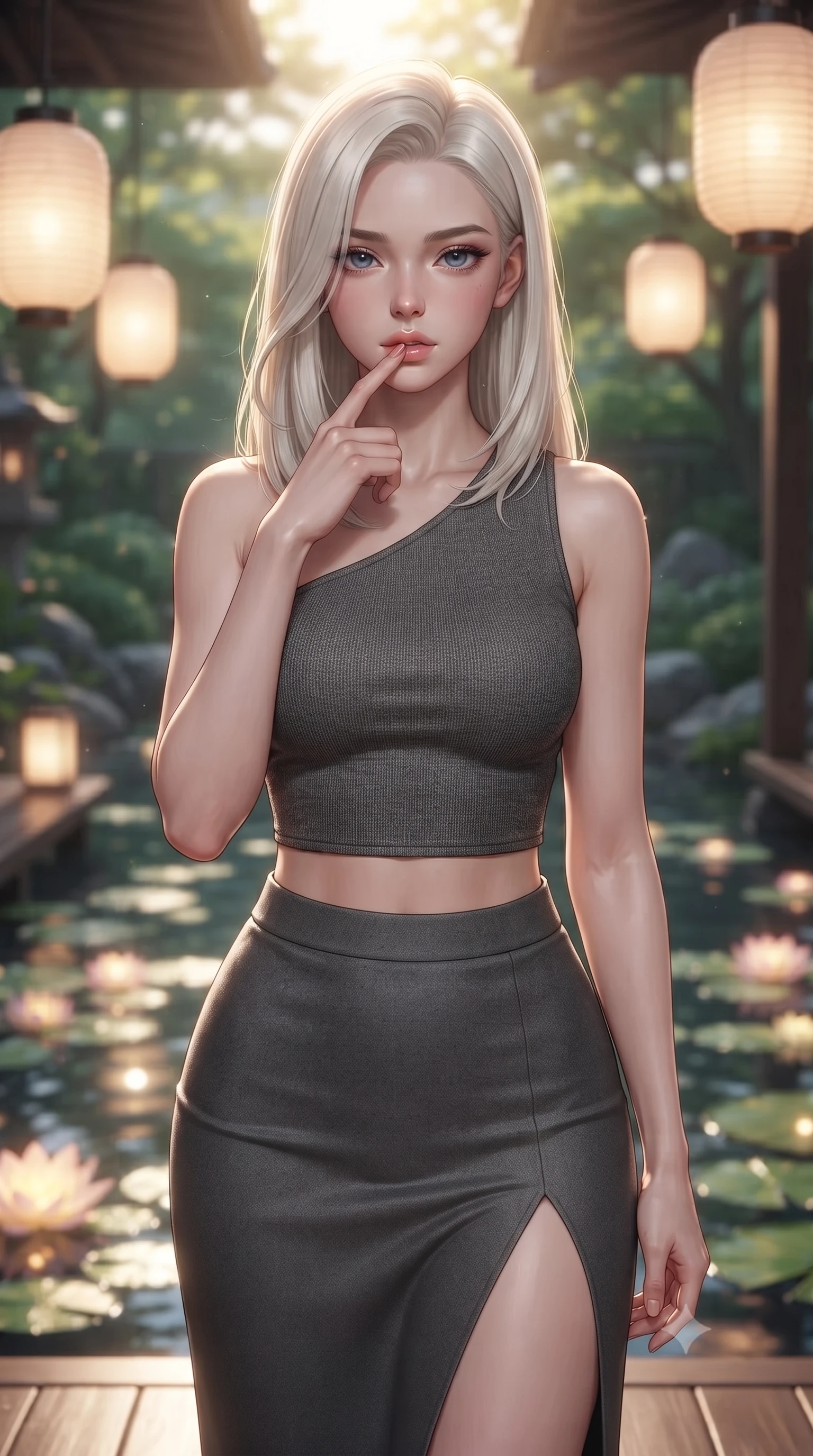 score_9, masterpiece, best quality, ultra-detailed, high-budget anime keyframe, editorial fashion photography, tasteful artistic composition, Caucasian woman. close-up cowboy shot from the waist and thighs up, the character dominates the composition, filling the frame with her large presence, background elements kept in soft focus. pressing one finger to her bottom lip in a thoughtful, seductive gesture under the warm sun the background shows a soft-focus a quiet garden tea deck overlooking a Zen pond filled with glowing water lilies. She has an exceptionally elegant, slender, and willowy female figure with an ultra-slim waist, a gracefully sculpted slender torso, and a refined silhouette. sharp v-shaped jawline, high-bridge nose, intricate jewel-like eyes with depth, thick eyelashes, glossy lips with a natural sheen. wearing a tailored asymmetric one-shoulder crop top in charcoal knit, paired with a high-slit skirt. warm paper lantern light reflecting off the still water surface. ultra-reflective glossy finish, specular highlights, metallic sheen, high-contrast stereoscopic depth, volumetric dynamic lighting, 2k, ultra detail, master piece, 9:16 ratio