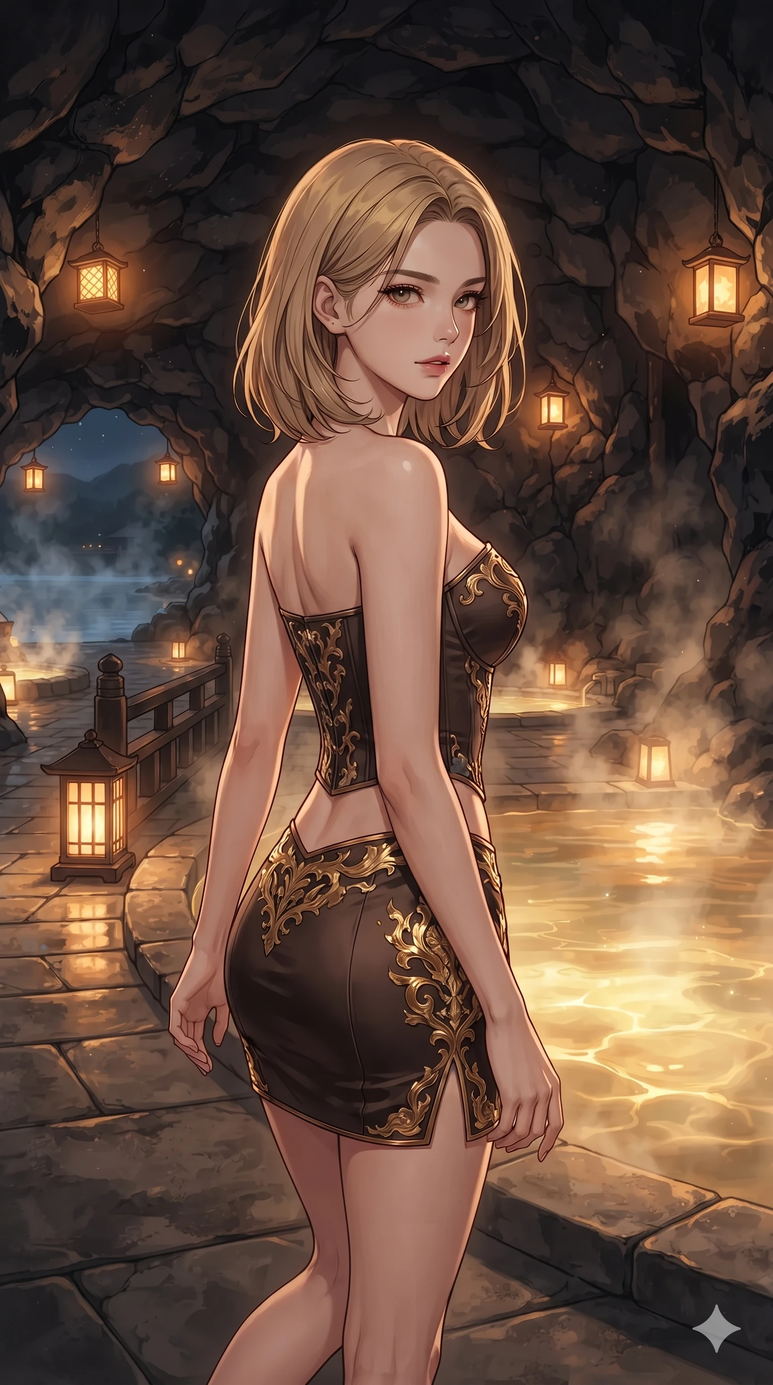 score_9, masterpiece, best quality, ultra-detailed, high-budget anime keyframe, editorial fashion photography, tasteful artistic composition, Korean woman. low angle full-body shot from head to toe showing her feet, filling the entire 9:16 vertical frame with her statuesque presence, stretching her vertical silhouette. walking along the waterfront terrace with poise, looking back over her bare shoulder with an irresistible smoldering bedroom-gaze while standing poised beside the steaming thermal plunge pool, arching her spine with ethereal siren poise as warm amber lantern light washes over her. The surrounding environment is rendered in vivid detail and crisp panoramic clarity: detailed second-skin maxi dress tailoring, sheer power-mesh side panels, and luxury cavern spa architecture in razor-sharp precision. She has an exceptionally tall and slender model-like 8.5-heads proportion, an ultra-slim waist, a flat toned midriff, narrow delicate ribcage, and beautifully sculpted feminine hips creating a graceful, slim hourglass silhouette without any bulky heaviness, with impossibly long slender legs. sharp v-shaped jawline, high-bridge nose, intricate jewel-like sparkling eyes with depth, thick eyelashes, glossy parted lips with a natural sheen, intensely captivating and seductive bedroom-eyes expression, exuding both youthful cute charm and sovereign luxury allure, flawlessly proportioned anatomical accuracy, strict slender model proportions, natural body alignment, perfectly sculpted long slender limbs, ultra-slim waistline, clean dynamic posture without body distortion. wearing a sculpted matte satin underwire crop corset with lace-up side ties paired with a low-rise micro skirt in dark espresso brown and molten gold foil, made of sheer contouring power-mesh with velvet flocking patterns, accented with a chrome-drop body harness subtly framing her dewy collarbones and spine, the precision-cut side openings and low-back scoop framing her graceful spine and the sensual sweep of her slim, toned hips. bathed in the rich, intimate 2400K golden radiance of floating washi paper lanterns and underwater pool glow. ultra-reflective glossy finish, specular highlights, rich textural contrasts, high-contrast stereoscopic depth, volumetric dynamic lighting, 2k, ultra detail, master piece, 9:16 ratio