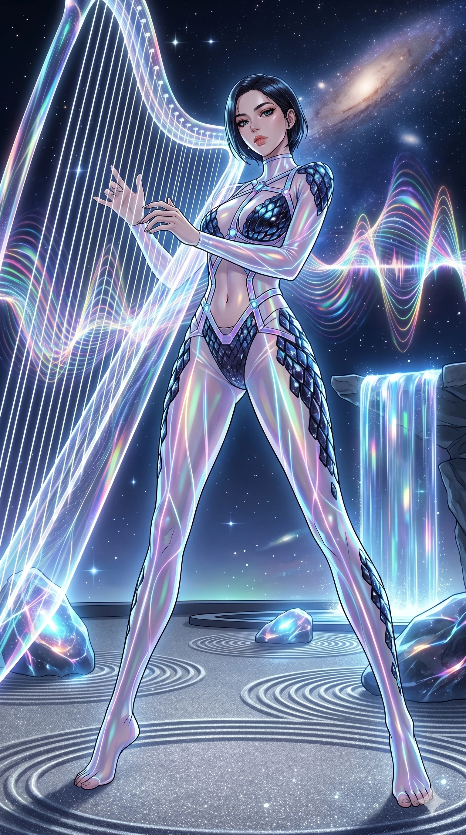 score_9, masterpiece, best quality, ultra-detailed, High-budget Anime Keyframe, vibrant colors, fluid line-art, expressive lighting, cinematic composition, Ufotable-style visual effects, top-tier animation quality, Korean woman with idol-like refined features. Dynamic full-body shot stretching the vertical silhouette, capturing her from a powerful low-angle perspective. Playing a celestial harp made of strings of pure light, the music creating ripples in the atmosphere around her. She has an absolutely perfect 8-heads proportion, an exceptionally tall and slender female figure with impossibly long slender legs and an ultra-slim waist, her statuesque height and towering silhouette dominating the vertical 9:16 frame. Her face is a masterpiece featuring a sharp v-shaped jawline, high-bridge nose, intricate jewel-like eyes with depth, thick eyelashes, and glossy lips with a natural sheen. She is wearing a Iridescent sheer catsuit with glowing lines that pulse in sync with her heartbeat crafted from Obsidian-glass scales that shimmer with a dark, crystalline brilliance, with an exposed midriff and a complex harness system that draws the eye. The scene is set in a serene Zen garden with metallic sand, glowing stones, and a holographic waterfall, illuminated by flickering starlight and nebula glow providing a mystical and vast ambiance. 2k, ultra detail, master piece, 9:16 ratio