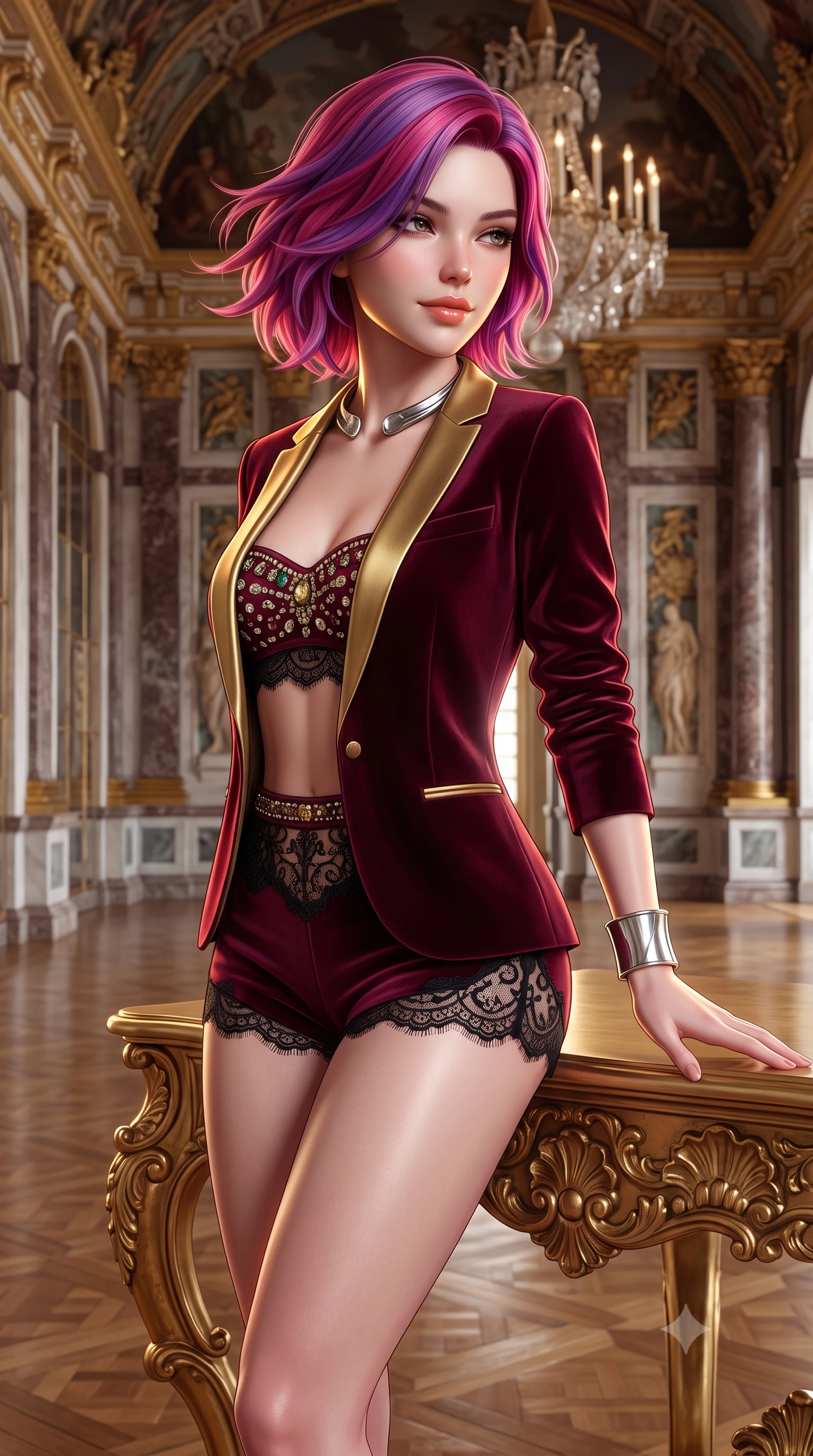 score_9, masterpiece, best quality, ultra-detailed, high-budget anime keyframe, semi-realistic 3D game render, editorial fashion photography, tasteful artistic composition, Caucasian woman. close-up cowboy shot from the waist and thighs up, the character dominates the composition, filling the frame with her large presence. turning slowly with an enchanting smoldering smile, her glossy hair tossing in the breeze as her hips angle gracefully in a captivating contrapposto while leaning against a gilded baroque console table with hips cocked back, looking over a bare shoulder with an alluring, parted-lip smile. The surrounding environment is rendered in vivid detail and crisp panoramic clarity: detailed satin slip gown drape, diamond choker shine, and palatial ballroom architecture in high resolution. She has an exceptionally elegant, slender, and willowy female figure with an ultra-slim waist, flat toned midriff, narrow ribcage, and sculpted feminine hips creating an alluring, slim hourglass silhouette without bulk. sharp v-shaped jawline, high-bridge nose, sparkling eyes with hypnotic seductive depth, thick curled eyelashes, glossy parted lips with a natural dewy peach sheen, alluring bedroom-eyes with an enchanting coquettish smile, exuding magnetic siren charisma and sophisticated glamour, flawlessly proportioned anatomical accuracy, strict slender model proportions, natural body alignment, perfectly sculpted long slender limbs, ultra-slim waistline, clean dynamic posture without body distortion. wearing a tailored open-front minimal smoking blazer worn over a jewel-embellished bandeau and micro-shorts in smoldering bordeaux wine and liquid gold with black chantilly lace, made of delicate semi-sheer French Chantilly lace with intricate eyelash edges, finished with a sculptural silver torque collar and a matching wide architectural wrist cuff, the precision-cut side openings and low-back scoop framing her graceful spine and the sensual sweep of her slim, toned hips. illuminated by parquet floor reflection fill and sharp golden rim lights defining her razor-sharp jawline, narrow waist, and curvy hips. highly saturated vibrant anime colors, detailed shading with soft gradients, rich glossy textures, high-contrast stereoscopic depth, volumetric dynamic lighting, master piece, 9:16 ratio