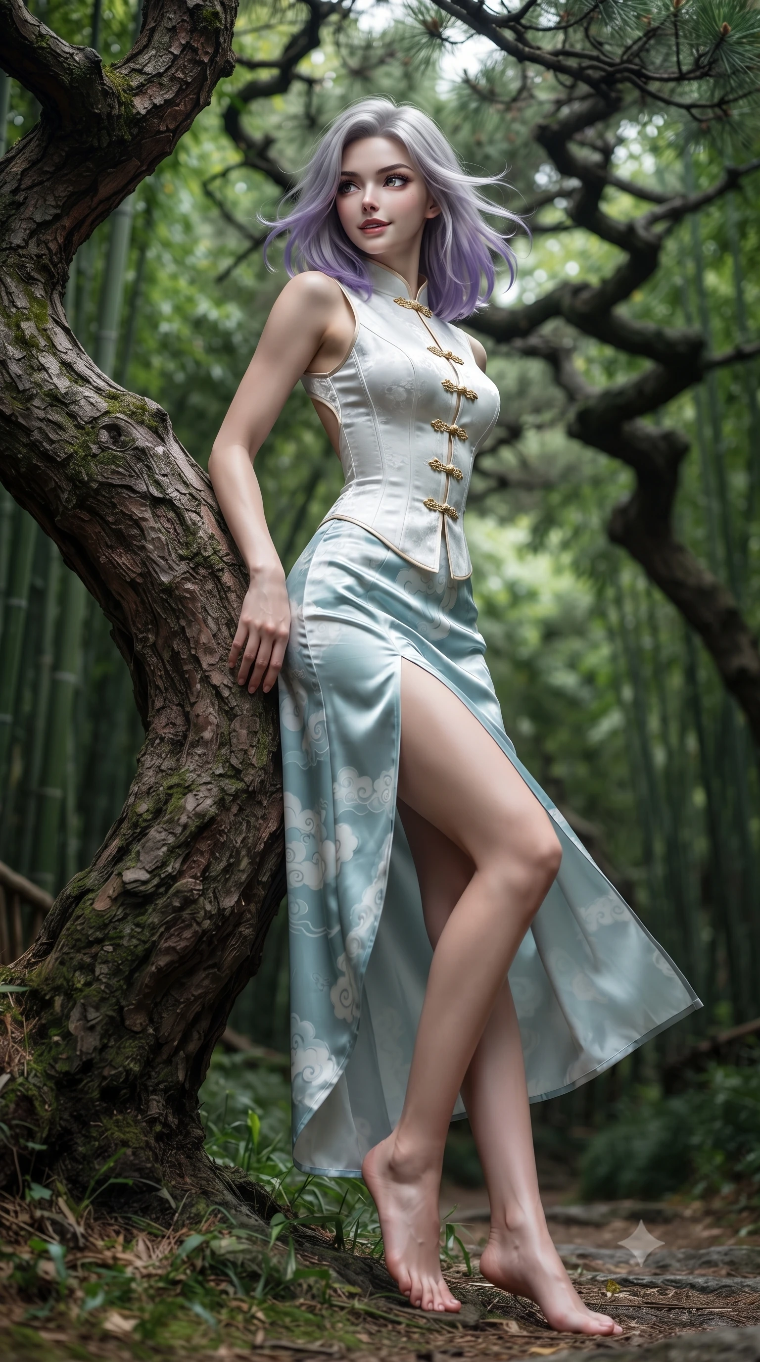 score_9, masterpiece, best quality, ultra-detailed, high-budget anime keyframe, editorial fashion photography, tasteful artistic composition, Caucasian woman. low angle full-body shot from head to toe showing her feet, filling the entire 9:16 vertical frame with her statuesque presence, stretching her vertical silhouette. walking slowly through the bamboo pathway, looking back over her shoulder with an air of effortless oriental grace and an alluring, smoldering smile while leaning against a gnarled ancient pine trunk with hips cocked back, looking over her shoulder with an alluring, wind-swept smile. The background shows a soft-focus twisted ancient Huangshan pine canopies softened in legendary ink-painting shallow focus. She has an absolutely perfect, statuesque 8.5-heads proportion, an exceptionally tall and slender model-like female figure with impossibly long slender legs, an ultra-slim waist, a flat toned midriff, narrow delicate ribcage, and beautifully sculpted feminine hips creating a graceful, slim hourglass silhouette without any bulky heaviness. sharp v-shaped jawline, high-bridge nose, intricate jewel-like dark sparkling almond eyes with depth, thick lashes, glossy parted lips with a natural rose-plum sheen, bright alluring and coquettish smile with bedroom-eyes, exuding both timeless oriental elegance and sovereign high-fashion allure, flawlessly proportioned anatomical accuracy, strict slender model proportions, natural body alignment, perfectly sculpted long slender limbs, ultra-slim waistline, clean dynamic posture without body distortion. wearing a tailored white porcelain-inspired structured corset top paired with an asymmetric flowing silk maxi skirt with a high slit in pure celadon porcelain blue and cloud white, crafted from heavy fluid silk satin with a liquid mirror-like sheen, accented with intricate gold frog buttons and a delicate mandarin collar, the precision-cut side hip slits and low-back scoop framing her graceful spine and the sensual sweep of her slim, toned hips. illuminated by white cloud bounce fill and sharp warm-gold rim lighting sculpting her razor-sharp jawline, narrow waist, and curvy hips. ultra-reflective glossy finish, specular highlights, rich textural contrasts, high-contrast stereoscopic depth, volumetric dynamic lighting, 2k, ultra detail, master piece, 9:16 ratio