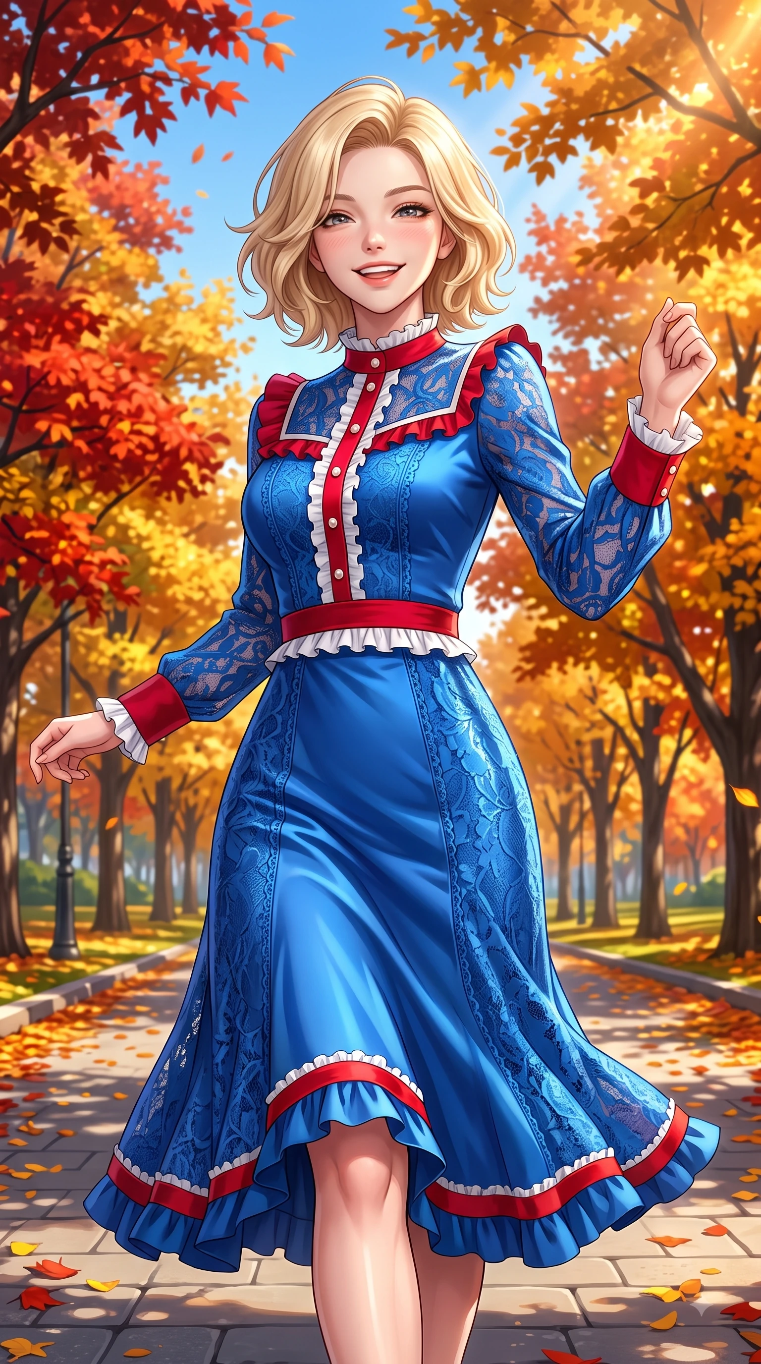 score_9, masterpiece, best quality, ultra-detailed, high-budget anime keyframe, editorial fashion photography, tasteful artistic composition, Caucasian woman. close-up cowboy shot from the waist and thighs up, the character dominates the composition, filling the frame with her large presence. Playful cute grin with eyes crinkling in pure girlhood delight, leaning forward with adorable energy while stepping along a paved park path flanked by vibrant autumn trees under a clear blue sky. The surrounding environment is rendered in vivid detail and crisp panoramic clarity. vibrant autumn sunlight scattering through golden leaves with high environmental clarity. She has an exceptionally elegant, slender, and willowy female figure with an ultra-slim waist, a gracefully sculpted slender torso, and a refined silhouette. sharp v-shaped jawline, high-bridge nose, intricate jewel-like eyes with depth, thick eyelashes, glossy lips with a natural sheen, flawlessly proportioned anatomical accuracy, natural body alignment, perfectly sculpted elegant limbs, clean dynamic posture without body distortion. wearing a vivid sapphire blue satin midi dress following her statuesque figure in vibrant crimson red and crisp snow white, made of fine lace weave and soft satin jersey, accented with delicate pearl buttons and refined ruffle trims, the chic fashion cut framing her graceful clavicle and slender torso. bathed in brilliant golden autumn sunlight and warm tree canopy backlighting. highly saturated vibrant anime colors, detailed shading with soft gradients, rich glossy textures, high-contrast stereoscopic depth, volumetric dynamic lighting, master piece, 9:16 ratio