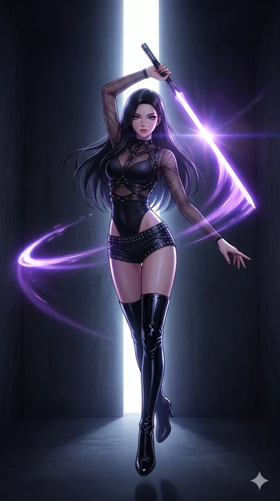 score_9, masterpiece, best quality, ultra-detailed, high-budget anime movie keyframe, cinematic anime lighting, intricate line art, Japanese anime girl. Mid-air action shot capturing a graceful twist and vertical silhouette. spinning a double-edged l