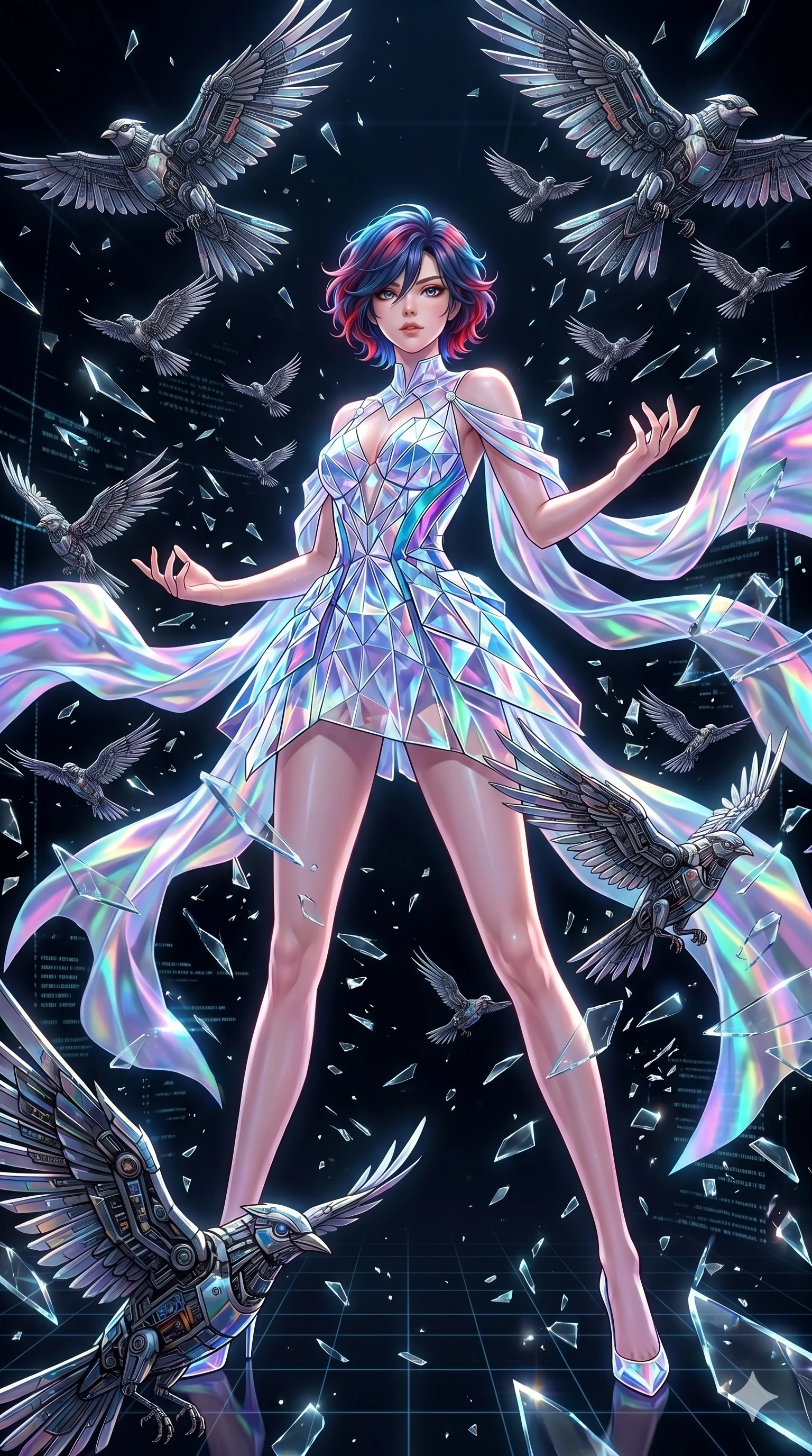 score_9, masterpiece, best quality, ultra-detailed, Set A: High-budget Anime Keyframe, Japanese woman. Low angle cowboy shot filling the entire 9:16 frame with her statuesque presence. Standing victoriously through a virtual reality void, surrounded by a whirlwind of 152 mechanical birds and surrounded by shattered glass fragments. She has an absolutely perfect 8-heads proportion, an exceptionally tall and slender female figure with impossibly long slender legs and an ultra-slim waist. Sharp v-shaped jawline, high-bridge nose, intricate jewel-like eyes with depth, thick eyelashes, glossy lips with a natural sheen. Wearing Crystalline structure mini-dress with iridescent vinyl accents and holographic chiffon drapes. Cinematic lighting, vibrant colors, dramatic shadows, 2k, ultra detail, master piece, 9:16 ratio