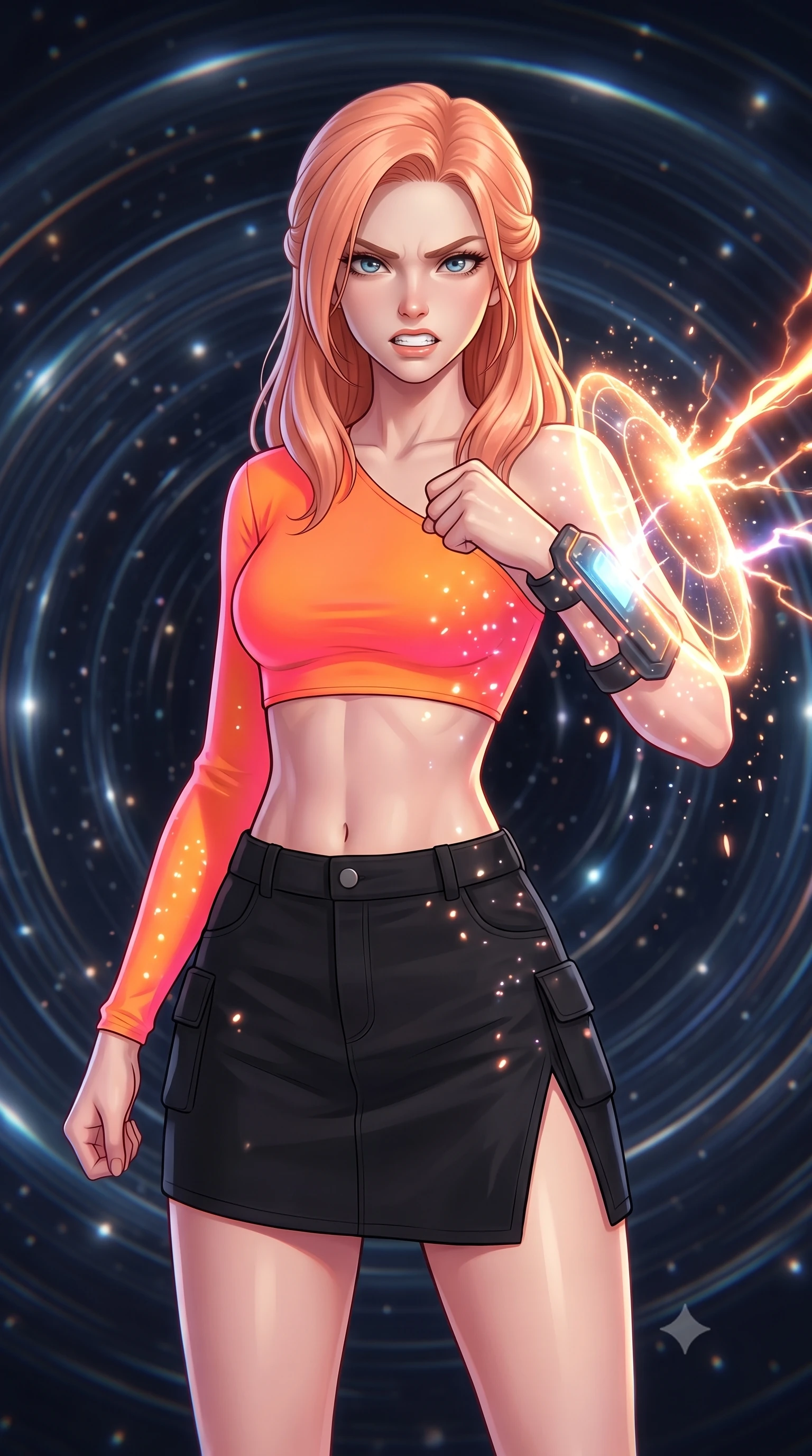 score_9, masterpiece, best quality, ultra-detailed, high-budget anime keyframe, editorial fashion photography, tasteful artistic composition, Japanese woman. close-up cowboy shot from the waist and thighs up, the character dominates the composition, filling the frame with her large presence, background elements kept in soft focus. Deflecting incoming plasma bolts with a glowing energy shield attached to her forearm, teeth grit in determination. set against a soft-focus background of a region of space where space-time is visibly warped, star images bent in concentric circles around her. She has an exceptionally elegant and slender, willowy female figure with an ultra-slim waist, a gracefully sculpted slender torso, and a refined slim physique. sharp v-shaped jawline, high-bridge nose, intricate jewel-like eyes with depth, thick eyelashes, glossy lips with a natural sheen. wearing catching and diffusing the glowing particles, shimmering softly in response to the surrounding light, a body-hugging asymmetric one-sleeve crop top in neon orange, paired with a black utility mini skirt featuring a high side slit. highly saturated vibrant anime colors, intense vivid color palette, soft 3D volumetric shading, volumetric dynamic lighting, gravitationally lensed starlight creating rings of light reflecting on her gear. 2k, ultra detail, master piece, 9:16 ratio