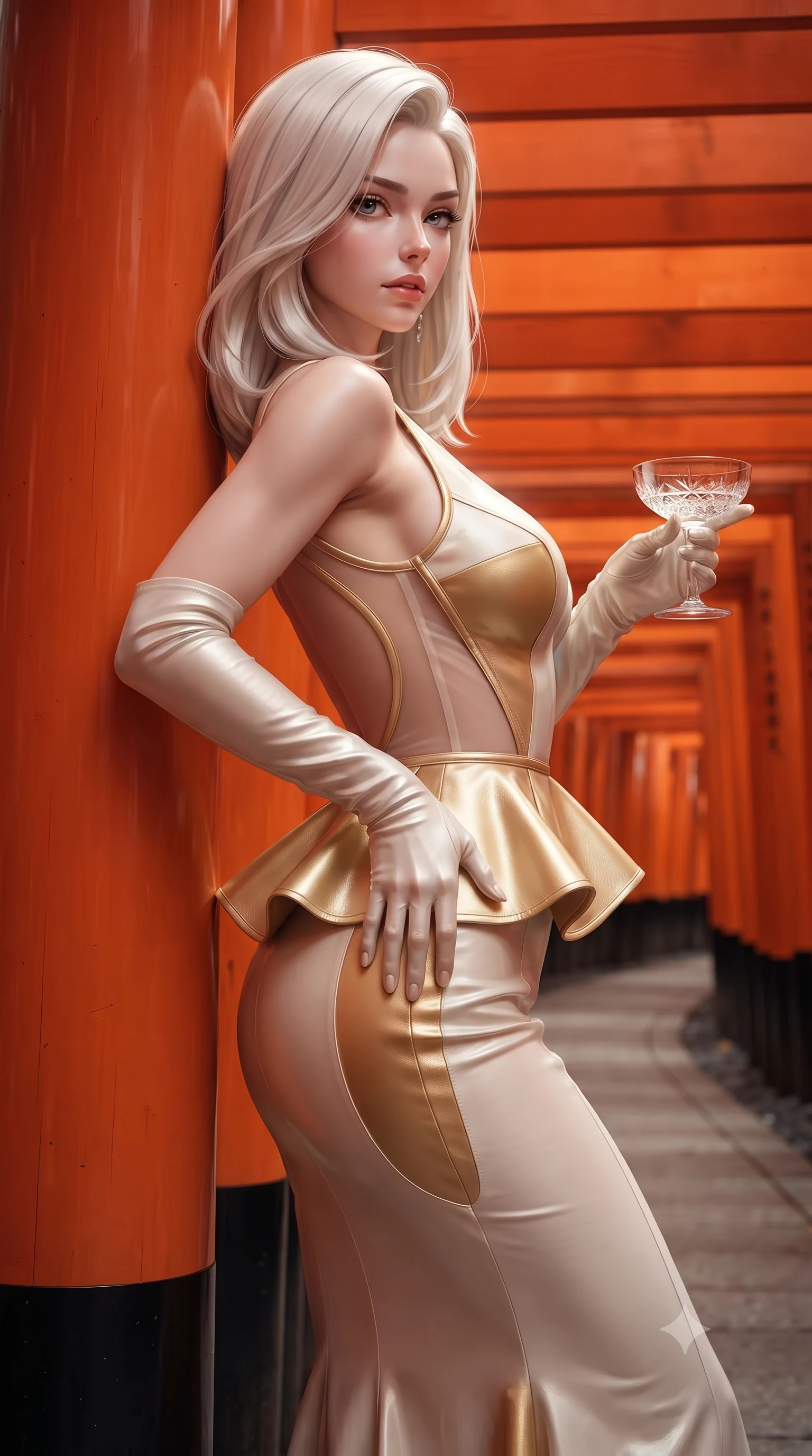 score_9, masterpiece, best quality, ultra-detailed, high-budget anime keyframe, semi-realistic 3D game render, editorial fashion photography, tasteful artistic composition, Caucasian woman. close-up cowboy shot from the waist and thighs up, the character dominates the composition, filling the frame with her large presence. arching her spine backward with effortless dancer poise, one hand sliding along her hip line as directional light carves specular highlights along her silhouette while leaning back against a smooth vermilion wooden pillar with hips cocked back, glancing over her shoulder with an alluring, enigmatic gaze. The surrounding environment is rendered in vivid detail and crisp panoramic clarity. detailed silk kimono or modern fusion dress weave, soft skin highlights, and torii tunnel perspective clarity in high resolution. She has an exceptionally elegant, slender, and willowy female figure with an ultra-slim waist, flat toned midriff, narrow ribcage, and sculpted feminine hips creating an alluring, slim hourglass silhouette without bulk. sharp v-shaped jawline, high-bridge nose, intricate jewel-like eyes with depth, thick eyelashes, glossy parted lips with a natural sheen, intensely captivating and seductive bedroom-eyes expression, flawlessly proportioned anatomical accuracy, strict slender model proportions, natural body alignment, perfectly sculpted long slender limbs, ultra-slim waistline, clean dynamic posture without body distortion. wearing a structural geometric peplum gown with sheer side-ribbon cutouts and form-fitting skirt in pure alabaster white and sun-kissed gold, formed from supple second-skin lambskin leather with specular sheen, accessorized with opera-length satin gloves and a vintage crystal glass, the precision-cut side openings and low-back scoop framing her graceful spine and the sensual sweep of her slim, toned hips. illuminated by delicate directional lantern light sharply defining her sculpted collarbones, narrow waist, and curvy hips. highly saturated vibrant anime colors, detailed shading with soft gradients, rich glossy textures, high-contrast stereoscopic depth, volumetric dynamic lighting, master piece, 9:16 ratio