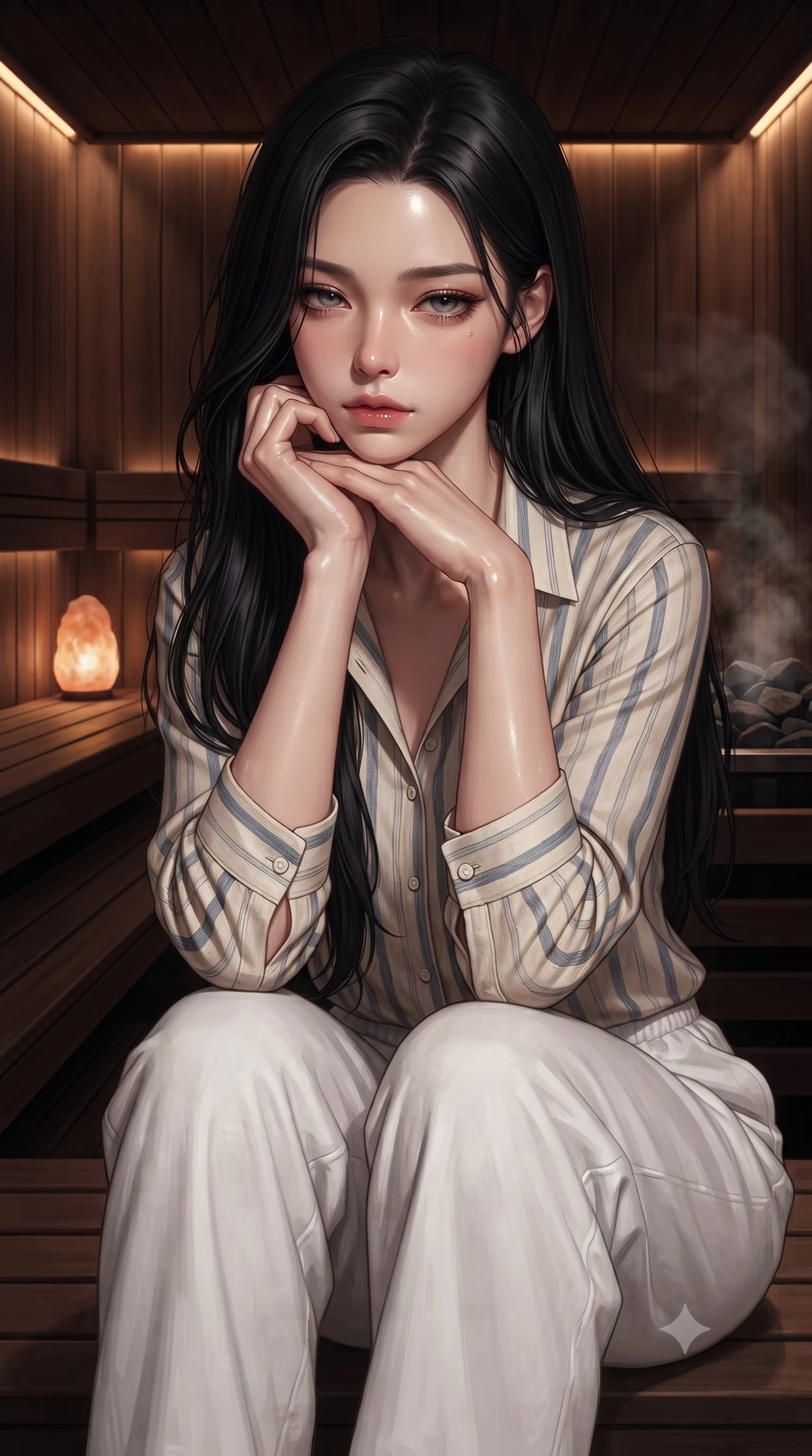 score_9, masterpiece, best quality, ultra-detailed, high-budget anime keyframe, editorial fashion photography, tasteful artistic composition, Korean woman woman. close-up cowboy shot from the waist and thighs up, the character dominates the composition, filling the frame with her large presence, background elements kept in soft focus. resting her chin on the backs of her fingers, casting a heavy-lidded, sultry look past the camera the background shows a soft-focus a cozy private sauna built of dark cedarwood with hot stones venting steam softly. She has an exceptionally elegant, slender, and willowy female figure with an ultra-slim waist, a gracefully sculpted slender torso, and a refined silhouette. sharp v-shaped jawline, high-bridge nose, intricate jewel-like eyes with depth, thick eyelashes, glossy lips with a natural sheen. wearing a tailored soft striped linen button-down shirt and relaxed-fit white cotton lounge pants. warm low-key amber lights highlighting the glossy textures on her skin. ultra-reflective glossy finish, specular highlights, metallic sheen, high-contrast stereoscopic depth, volumetric dynamic lighting, 2k, ultra detail, master piece, 9:16 ratio